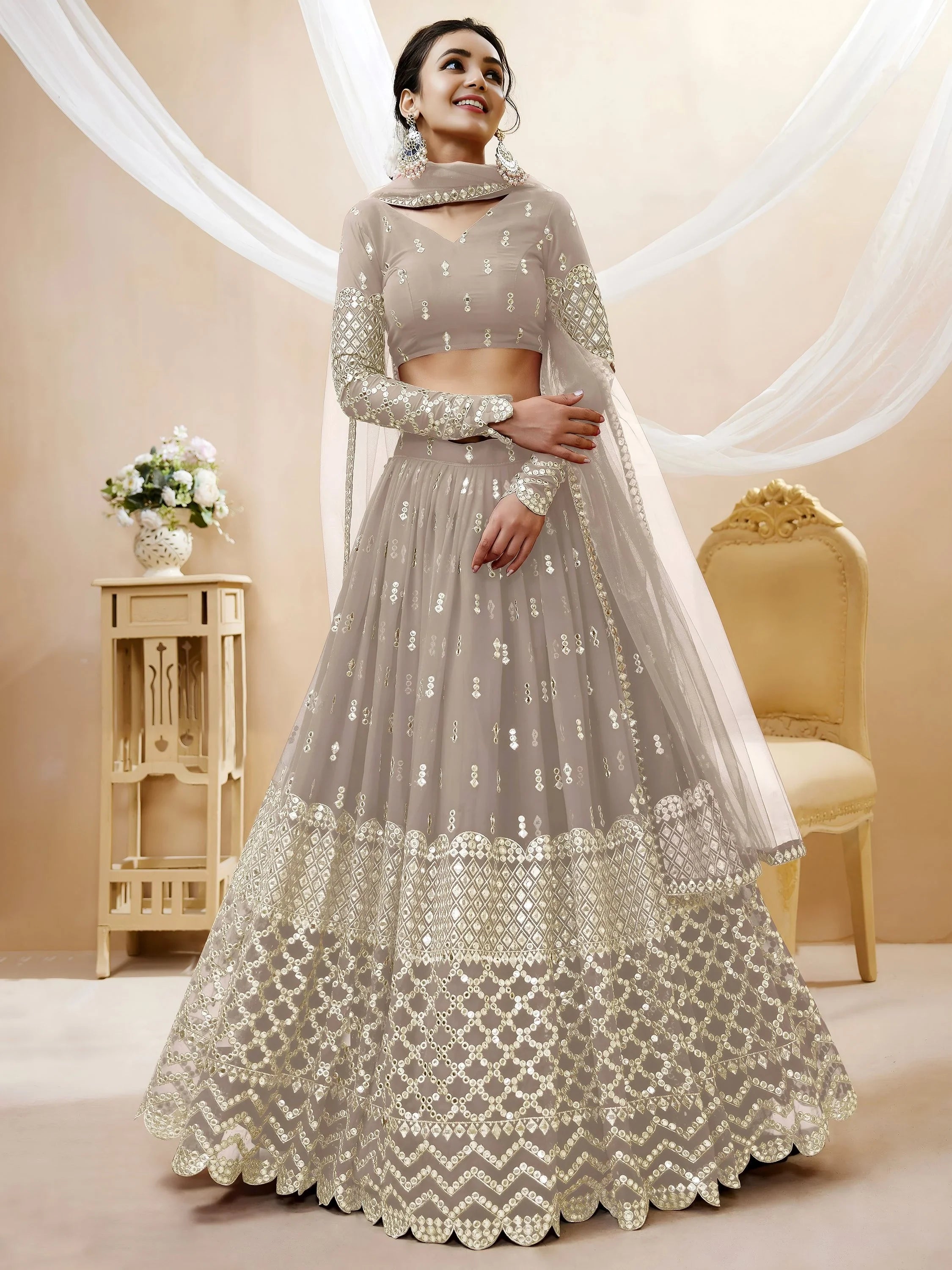 Magnetic Grey Zari Work Georgette Reception Lehenga Choli for Women