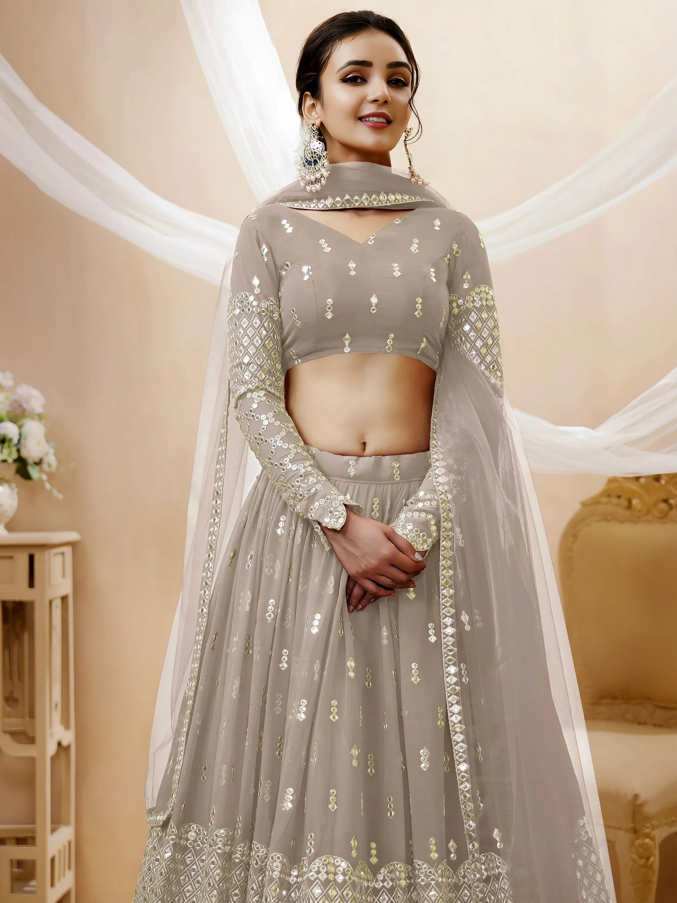 Magnetic Grey Zari Work Georgette Reception Lehenga Choli for Women