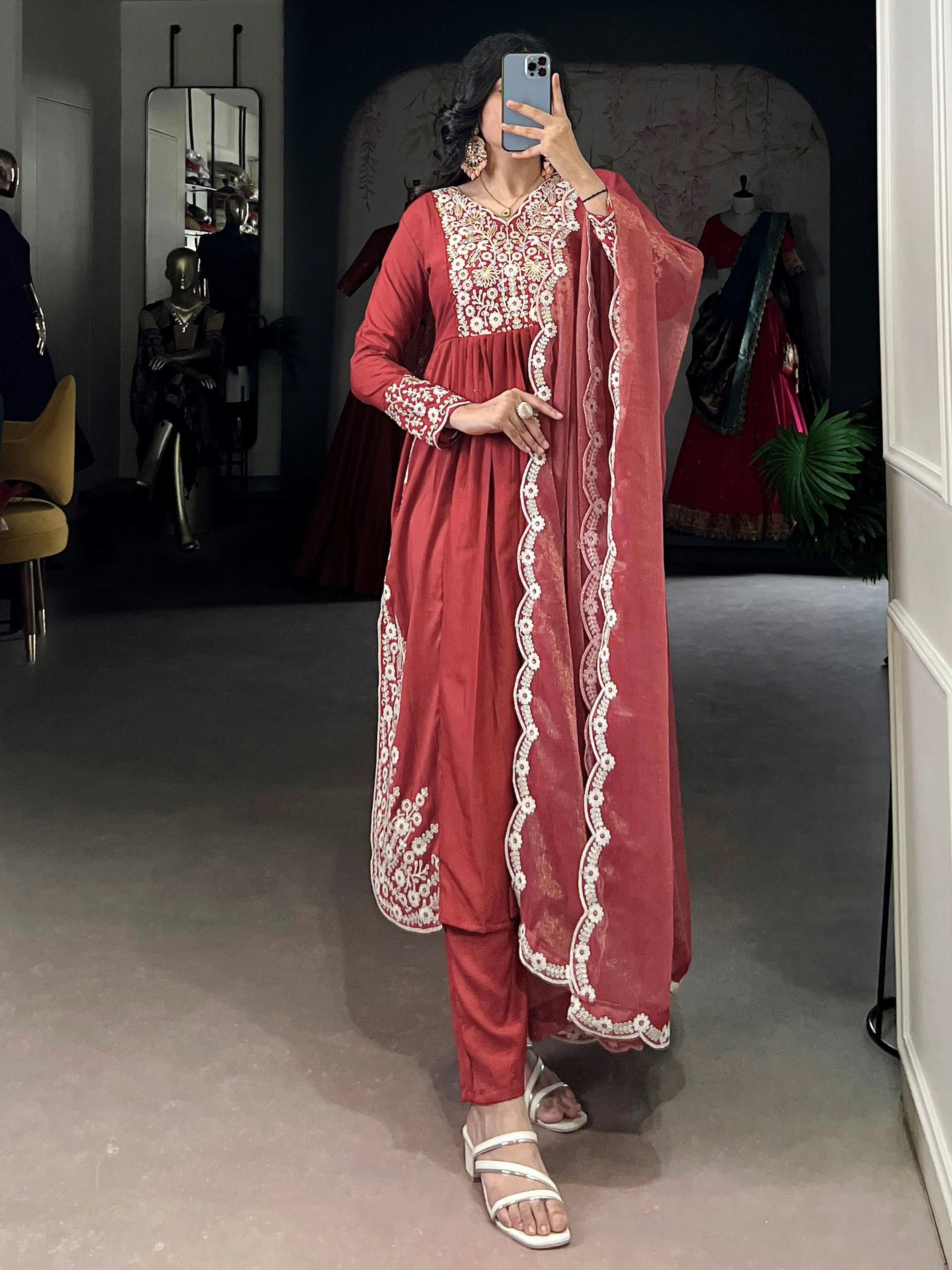 Orange Cotton Thread Embroidered Festive Salwar Kameez for Women