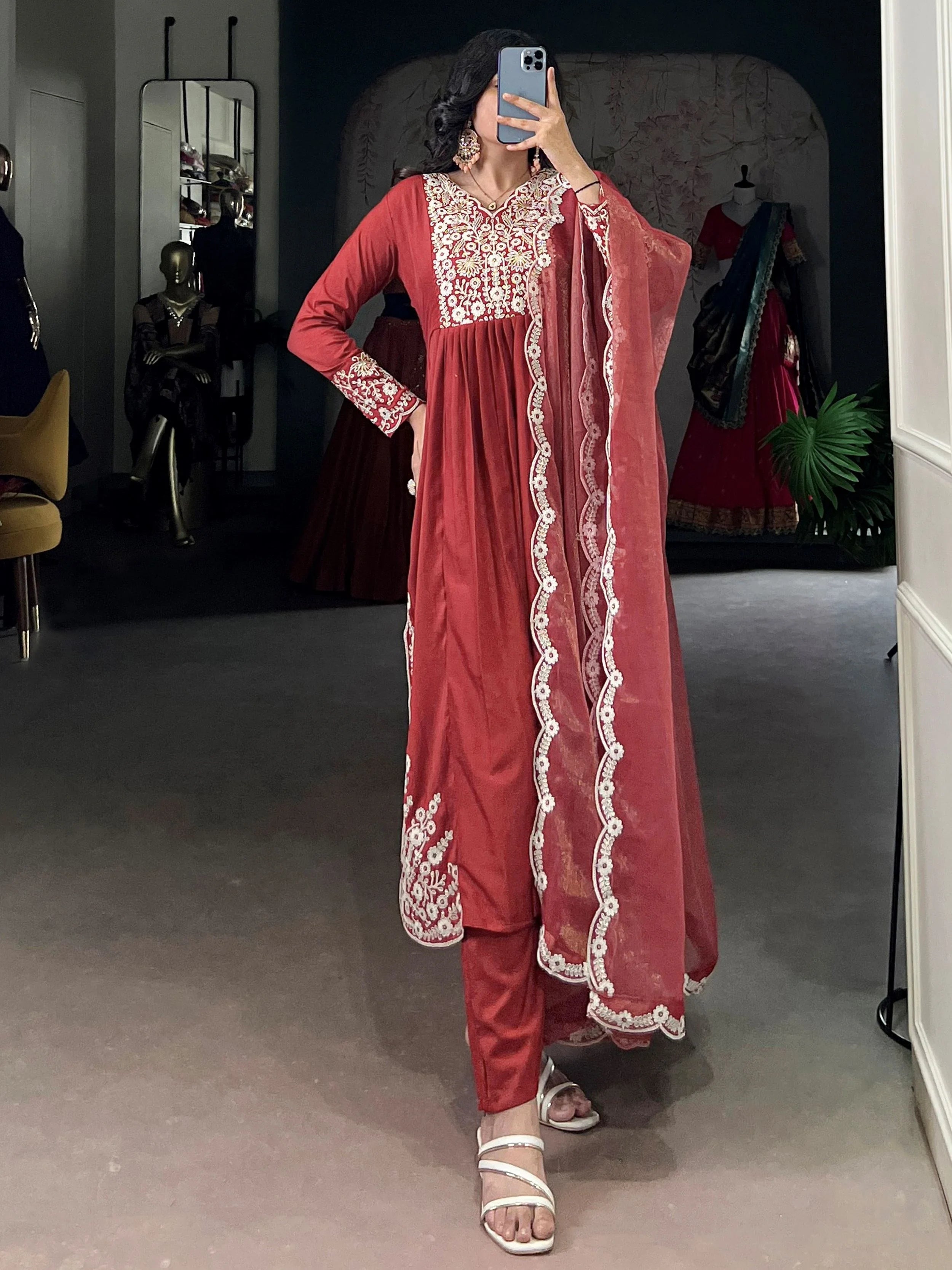 Orange Cotton Thread Embroidered Festive Salwar Kameez for Women