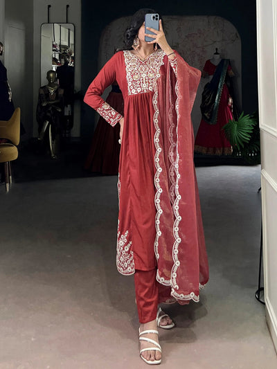 Orange Cotton Thread Embroidered Festive Salwar Kameez for Women