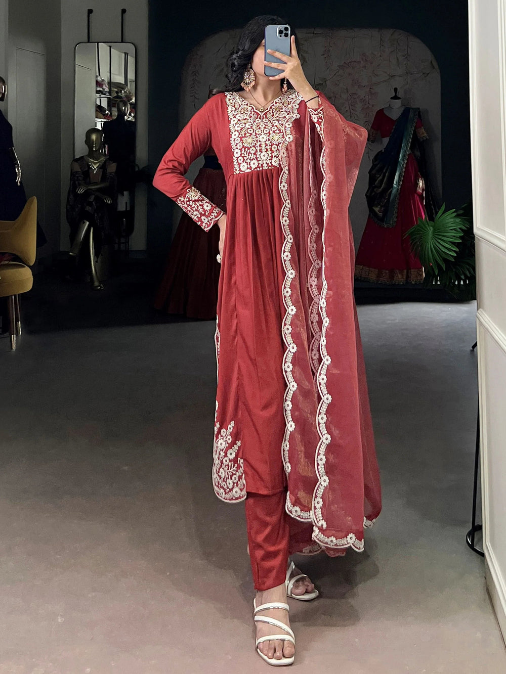 Orange Cotton Thread Embroidered Festive Salwar Kameez for Women