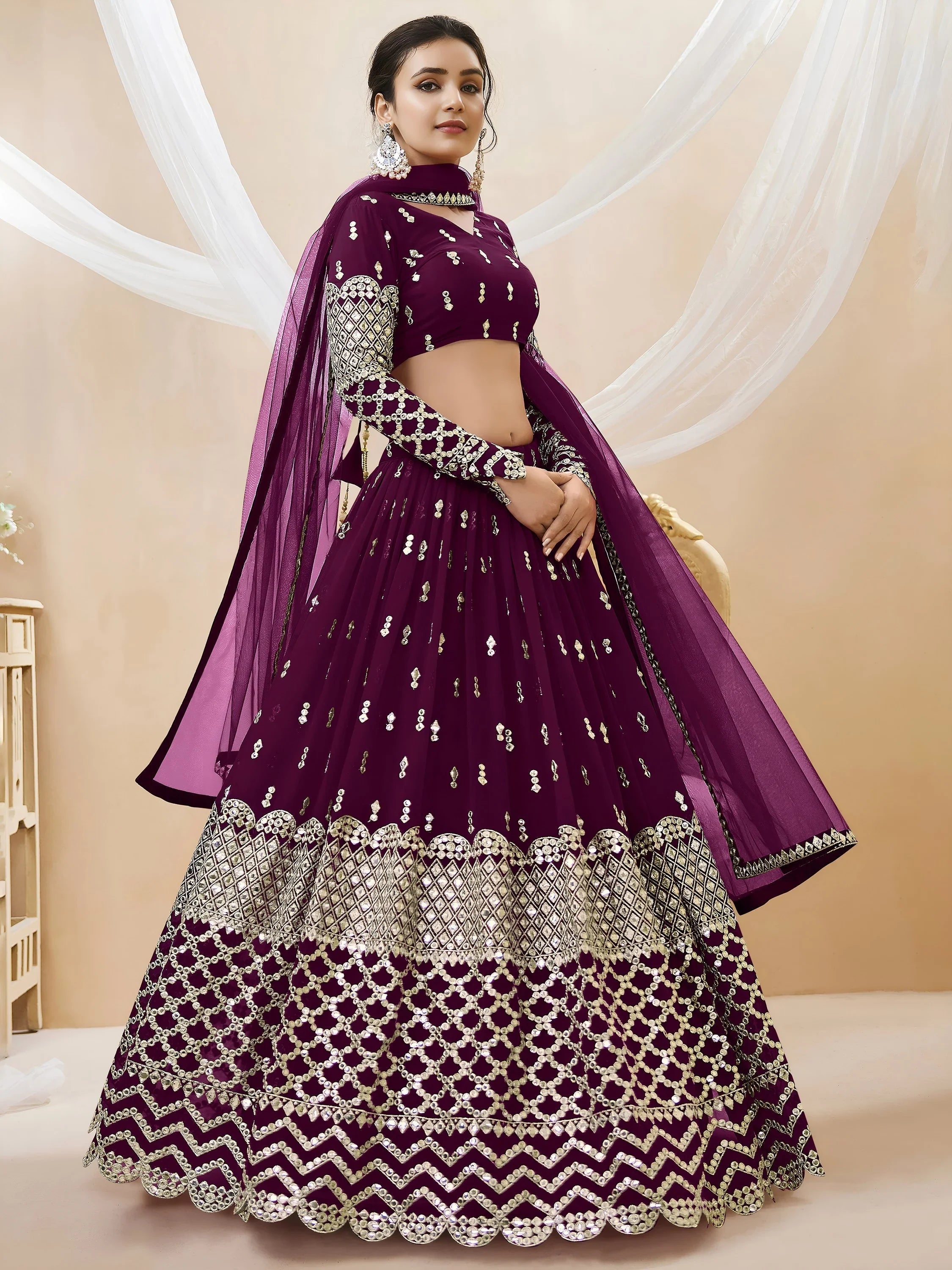 Wine Sequins Georgette Sangeet Lehenga Choli for Women