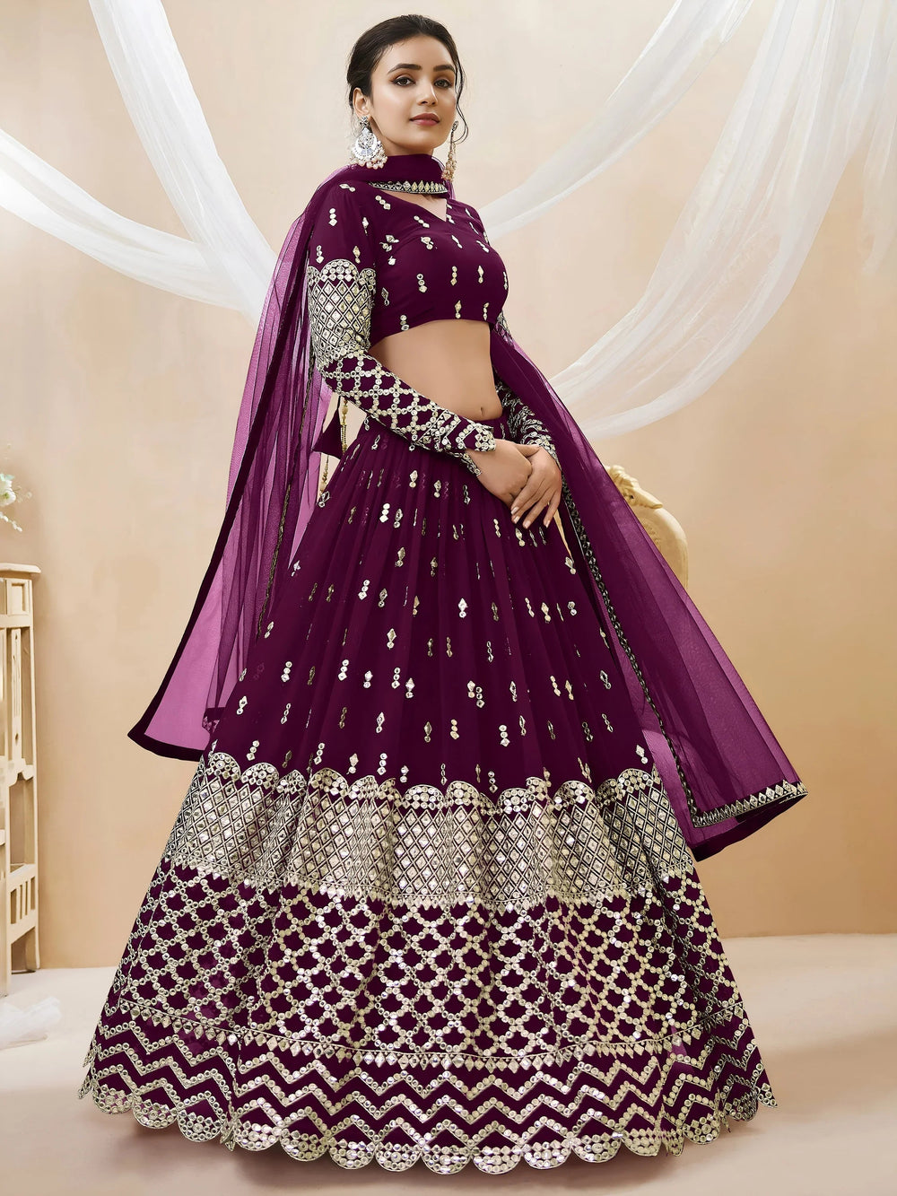 Wine Sequins Georgette Sangeet Lehenga Choli for Women