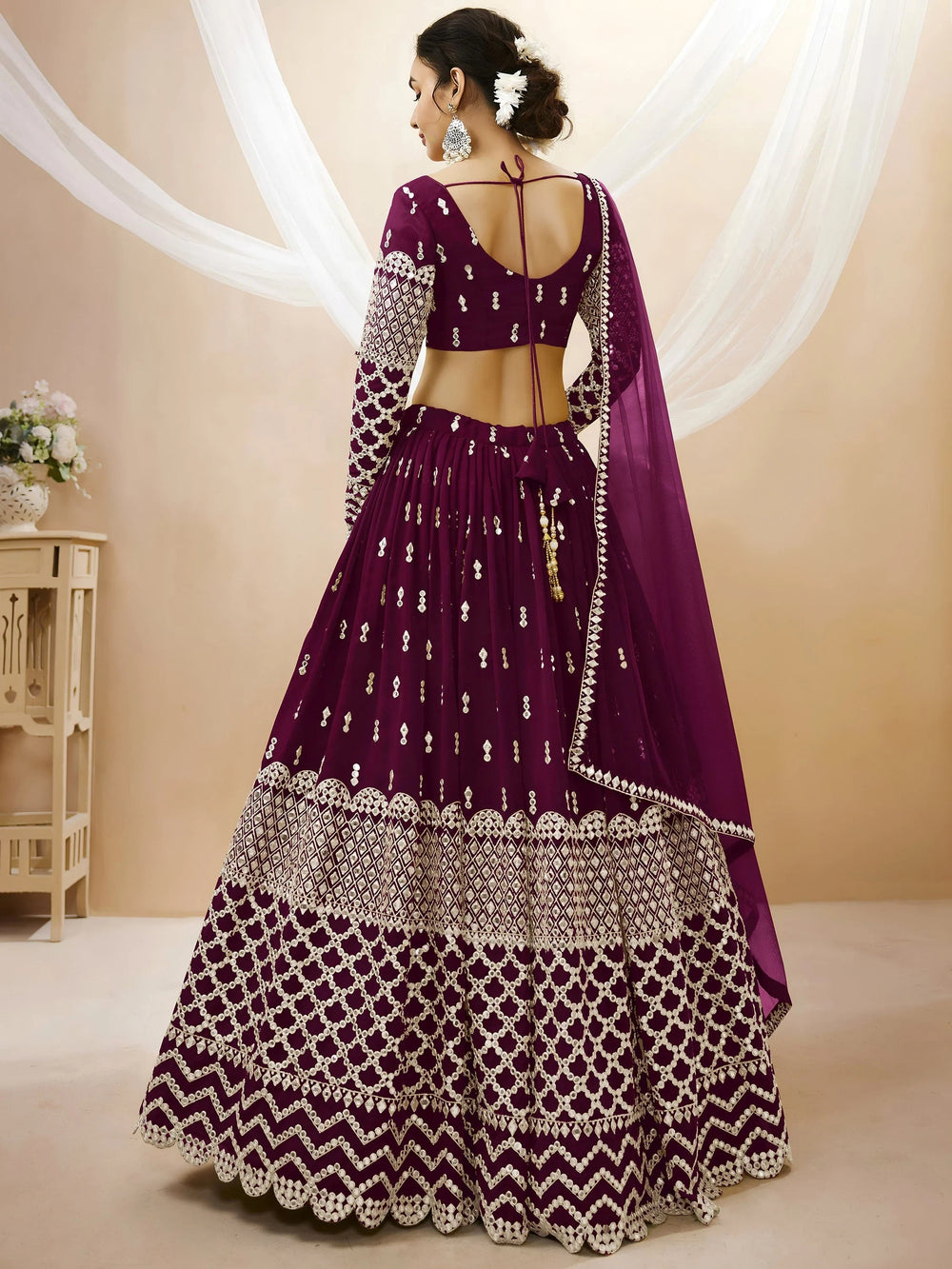 Wine Sequins Georgette Sangeet Lehenga Choli for Women