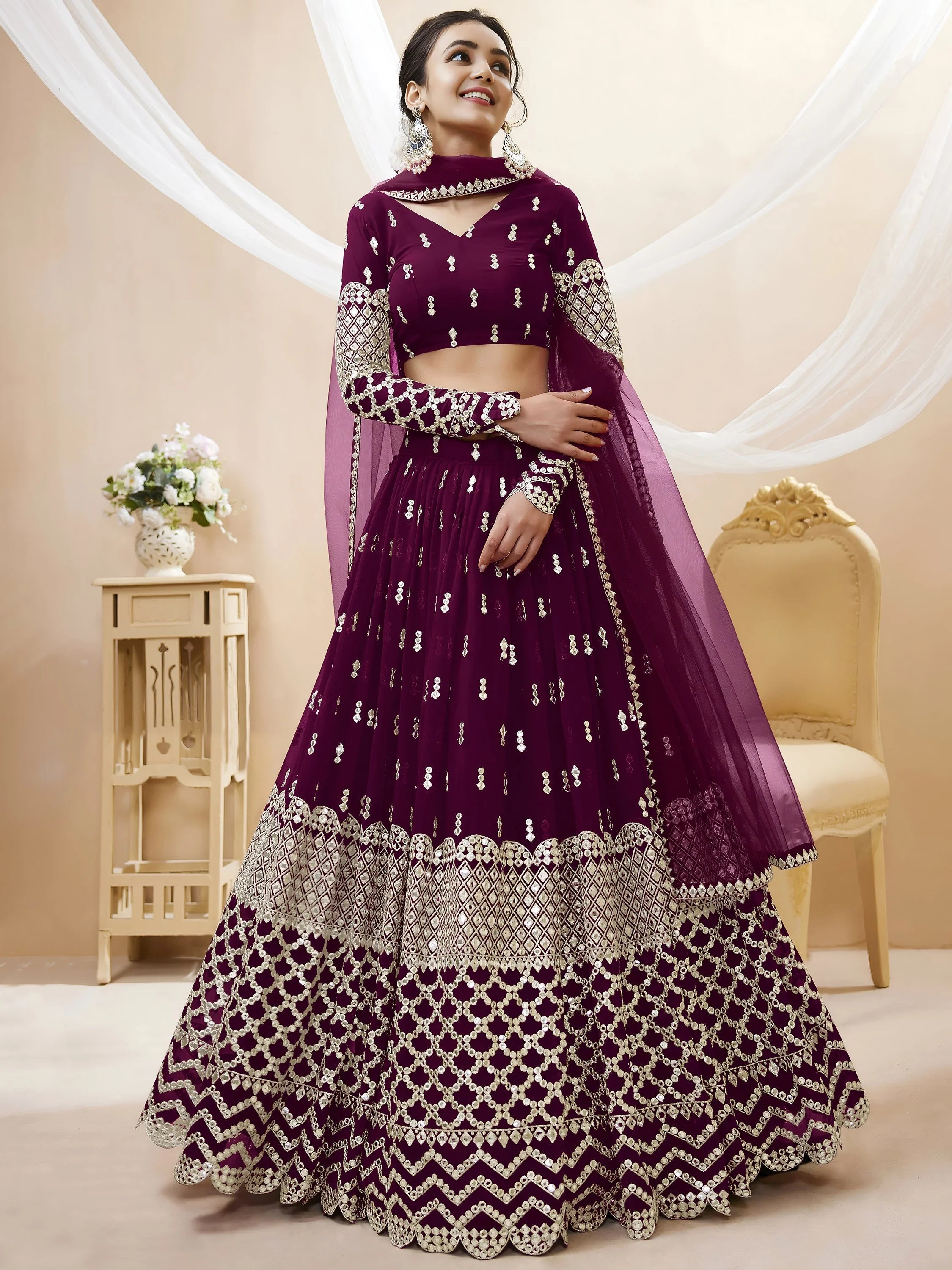 Wine Sequins Georgette Sangeet Lehenga Choli for Women