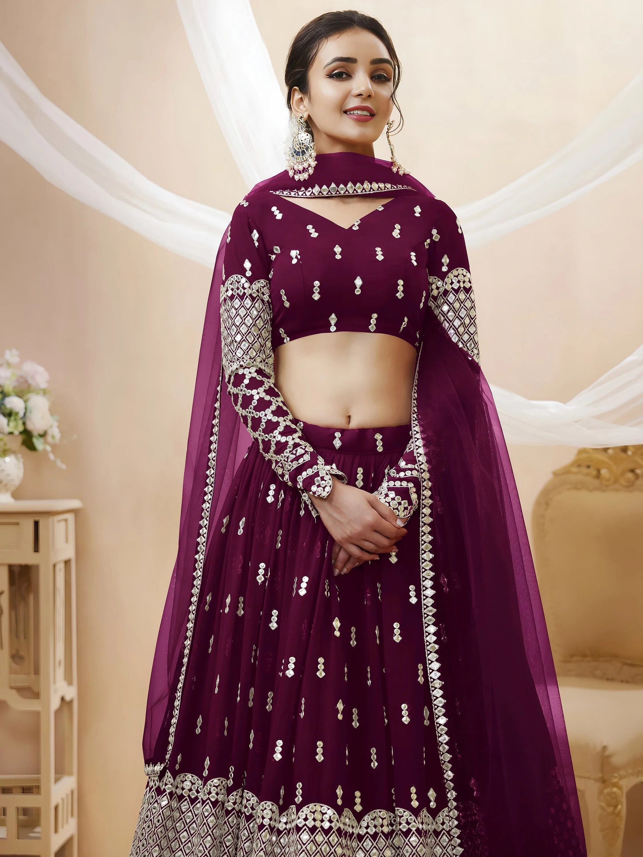 Wine Sequins Georgette Sangeet Lehenga Choli for Women