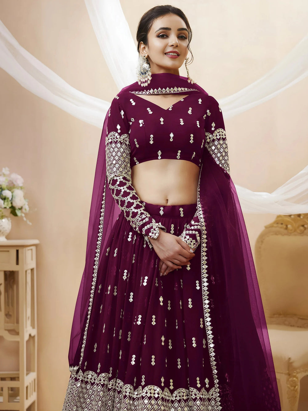 Wine Sequins Georgette Sangeet Lehenga Choli for Women