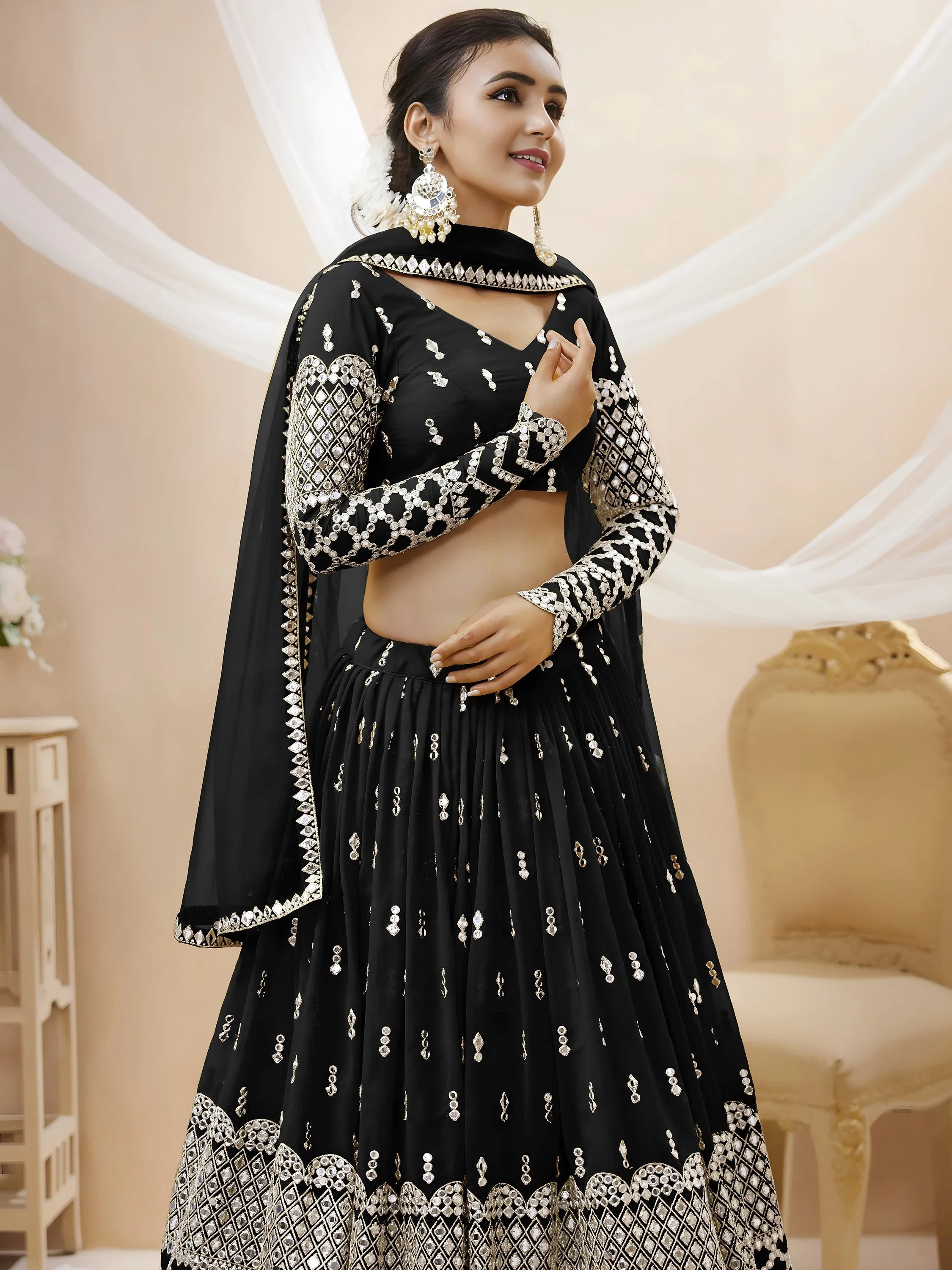 Seductive Black Zari Work Georgette Reception Lehenga Choli for Ladies