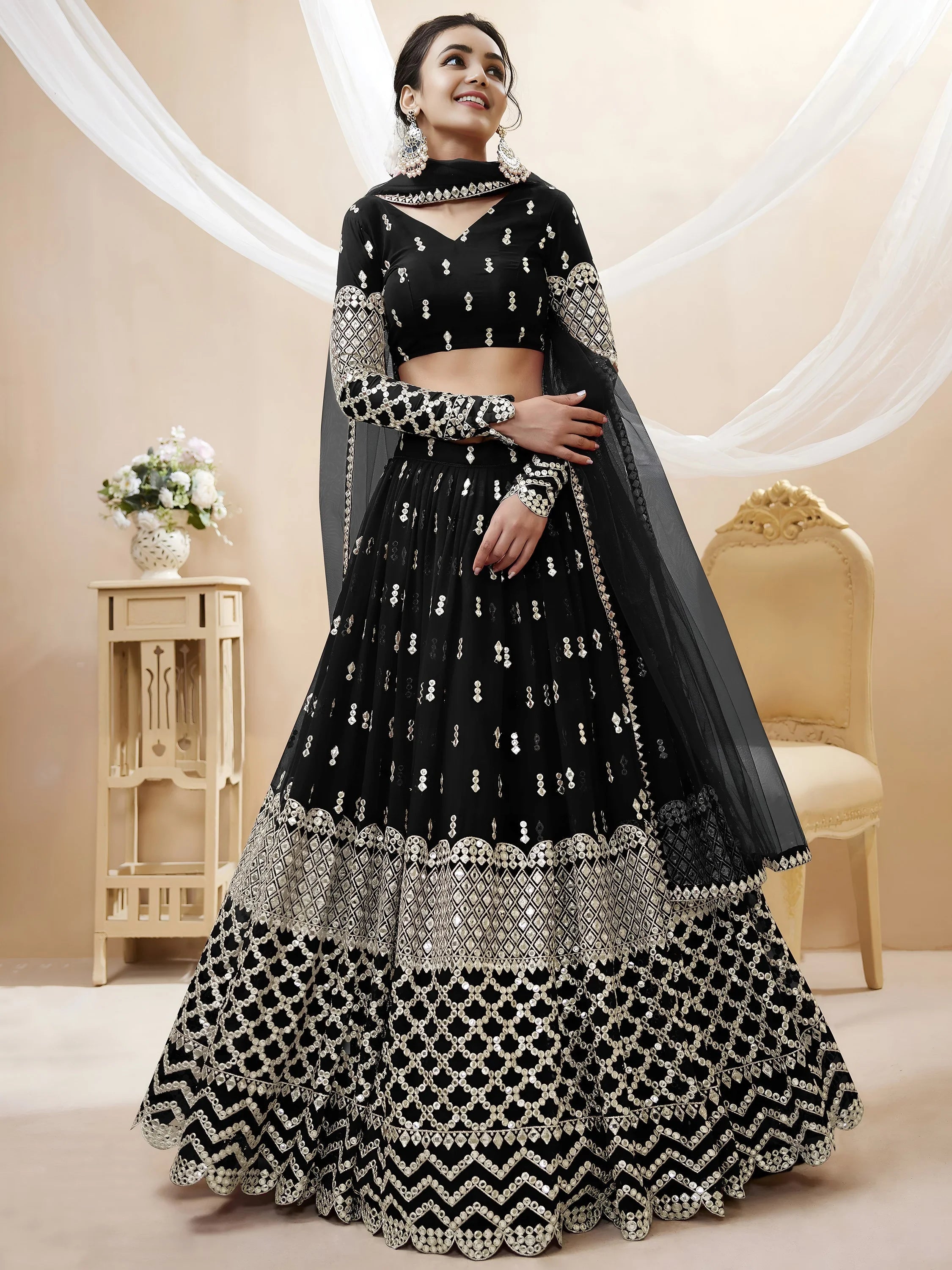 Seductive Black Zari Work Georgette Reception Lehenga Choli for Ladies