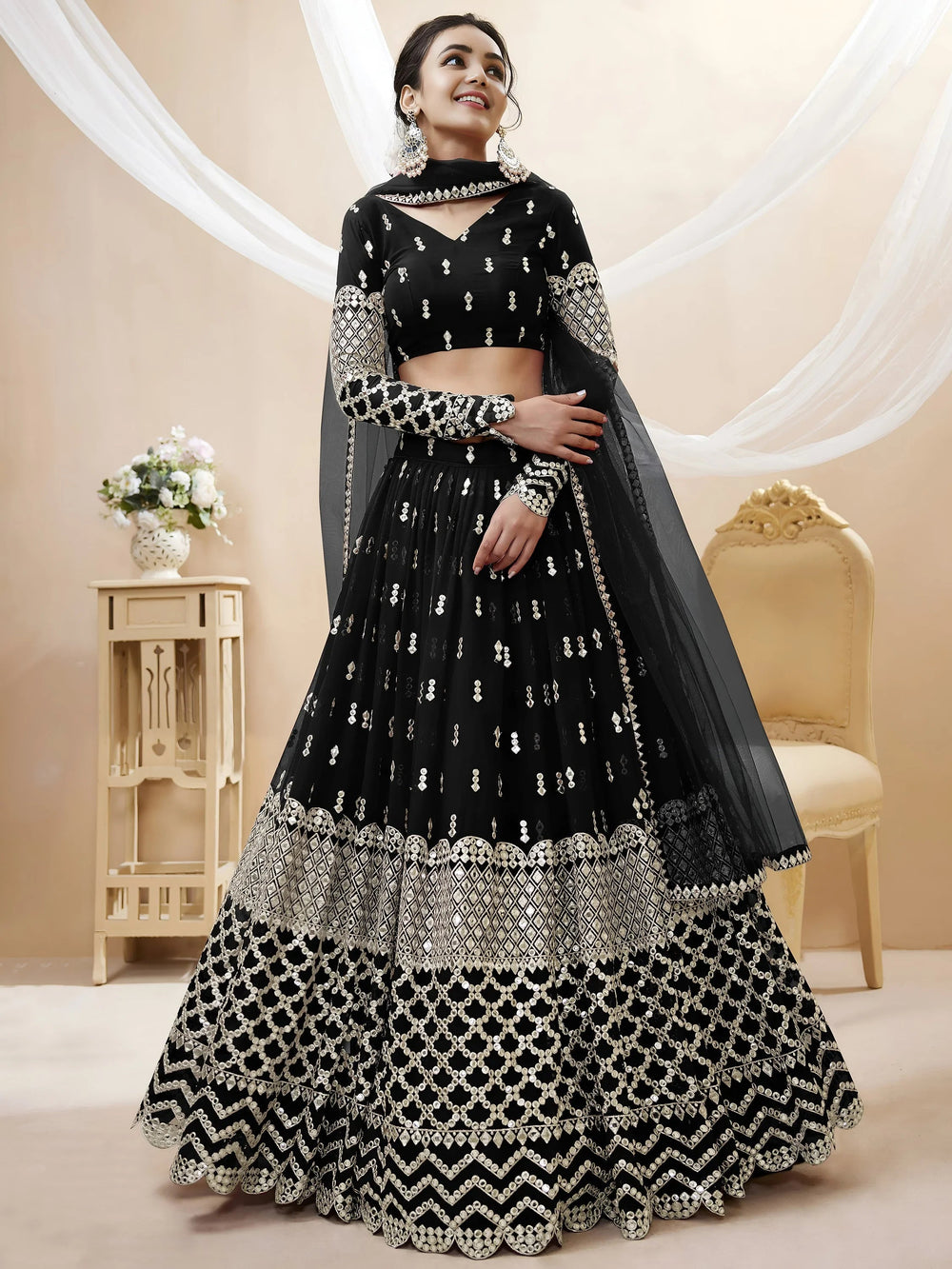Seductive Black Zari Work Georgette Reception Lehenga Choli for Ladies