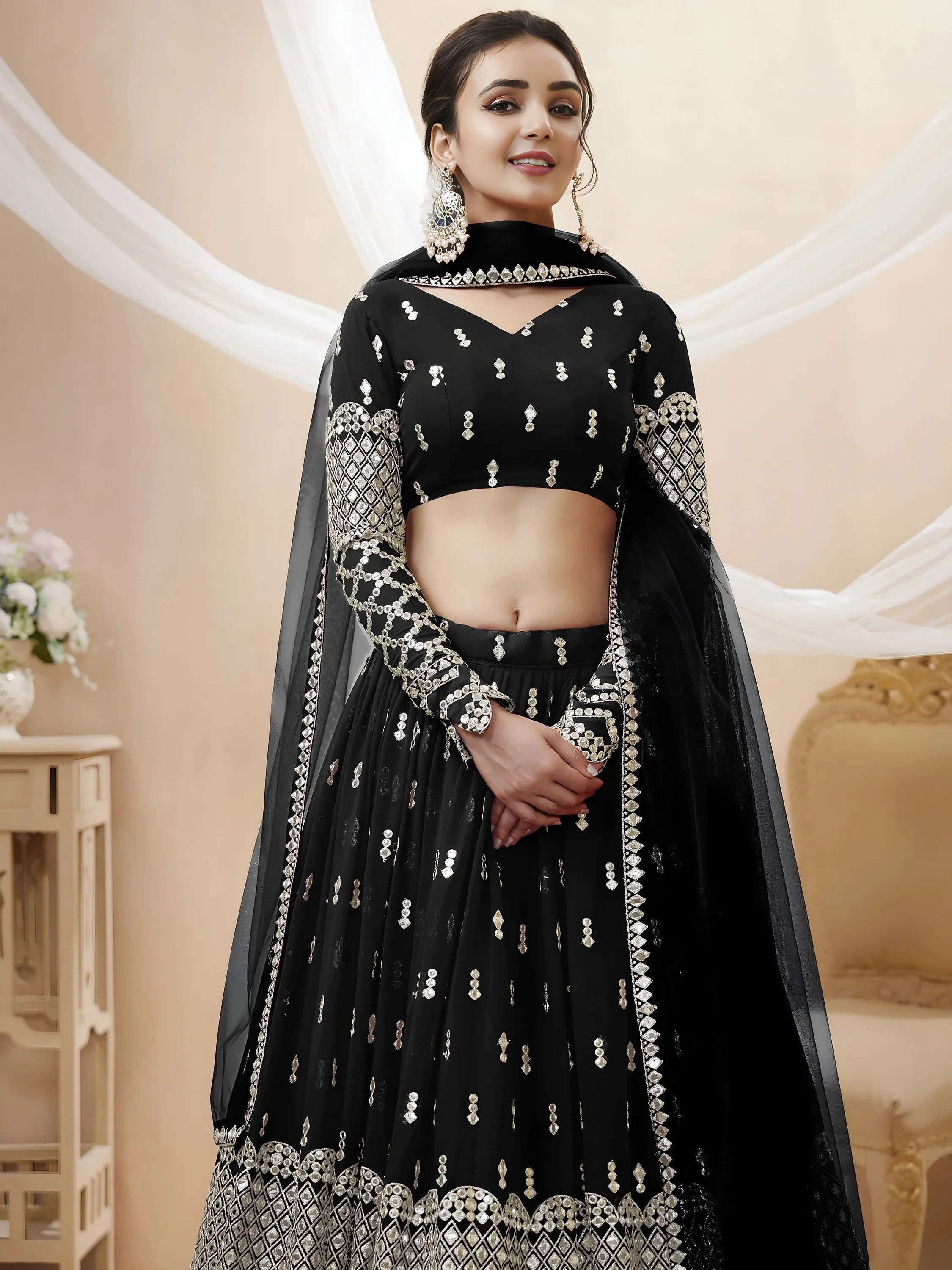 Seductive Black Zari Work Georgette Reception Lehenga Choli for Ladies