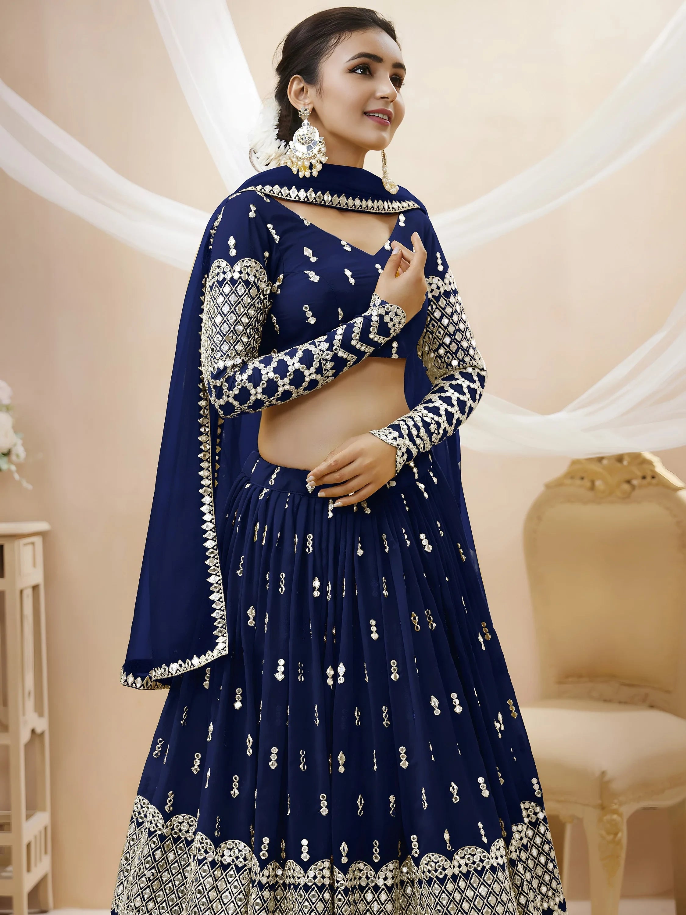 Appealing Navy Blue Sequis Georgette Reception Lehenga Choli for Women