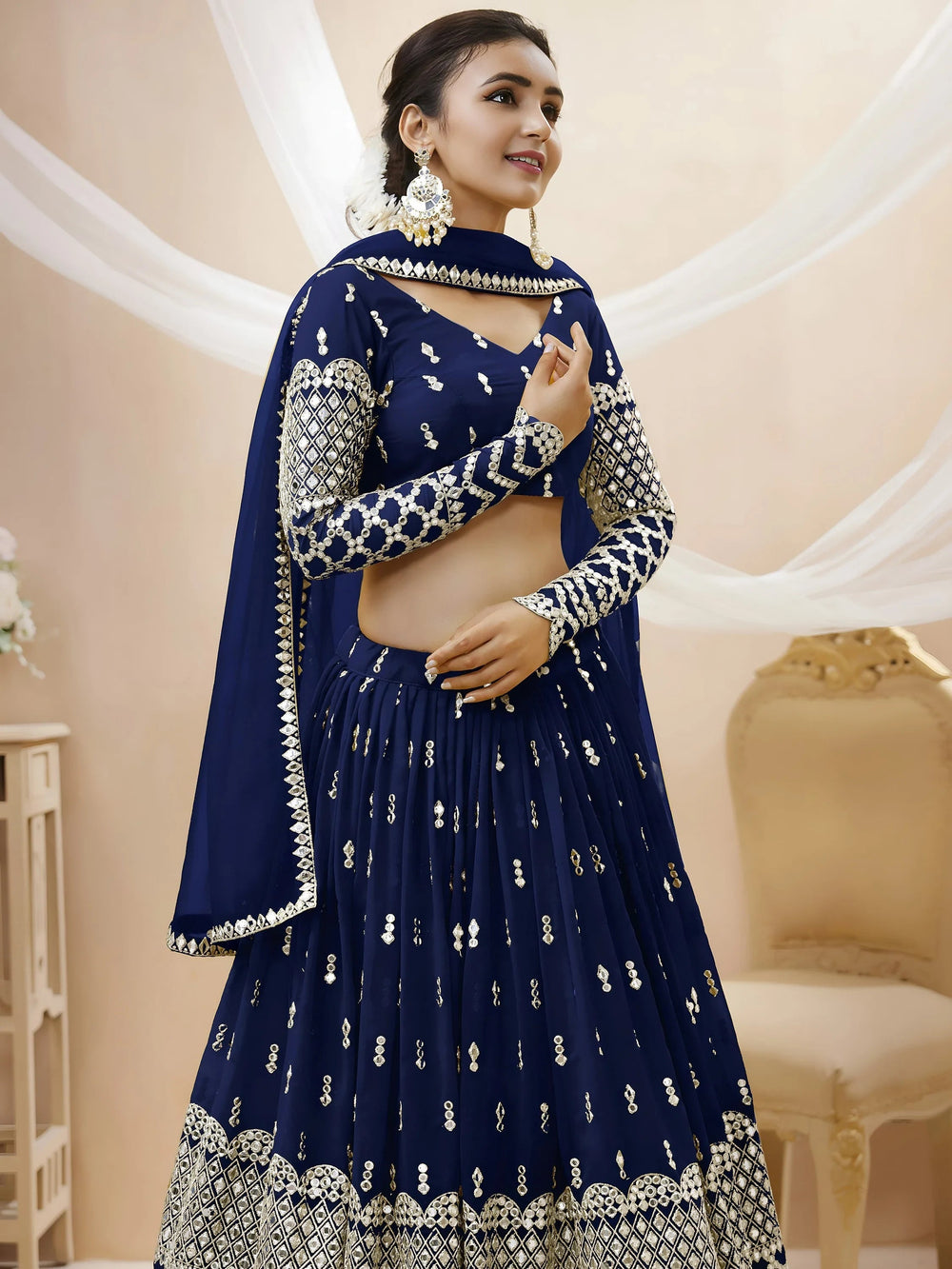 Appealing Navy Blue Sequis Georgette Reception Lehenga Choli for Women