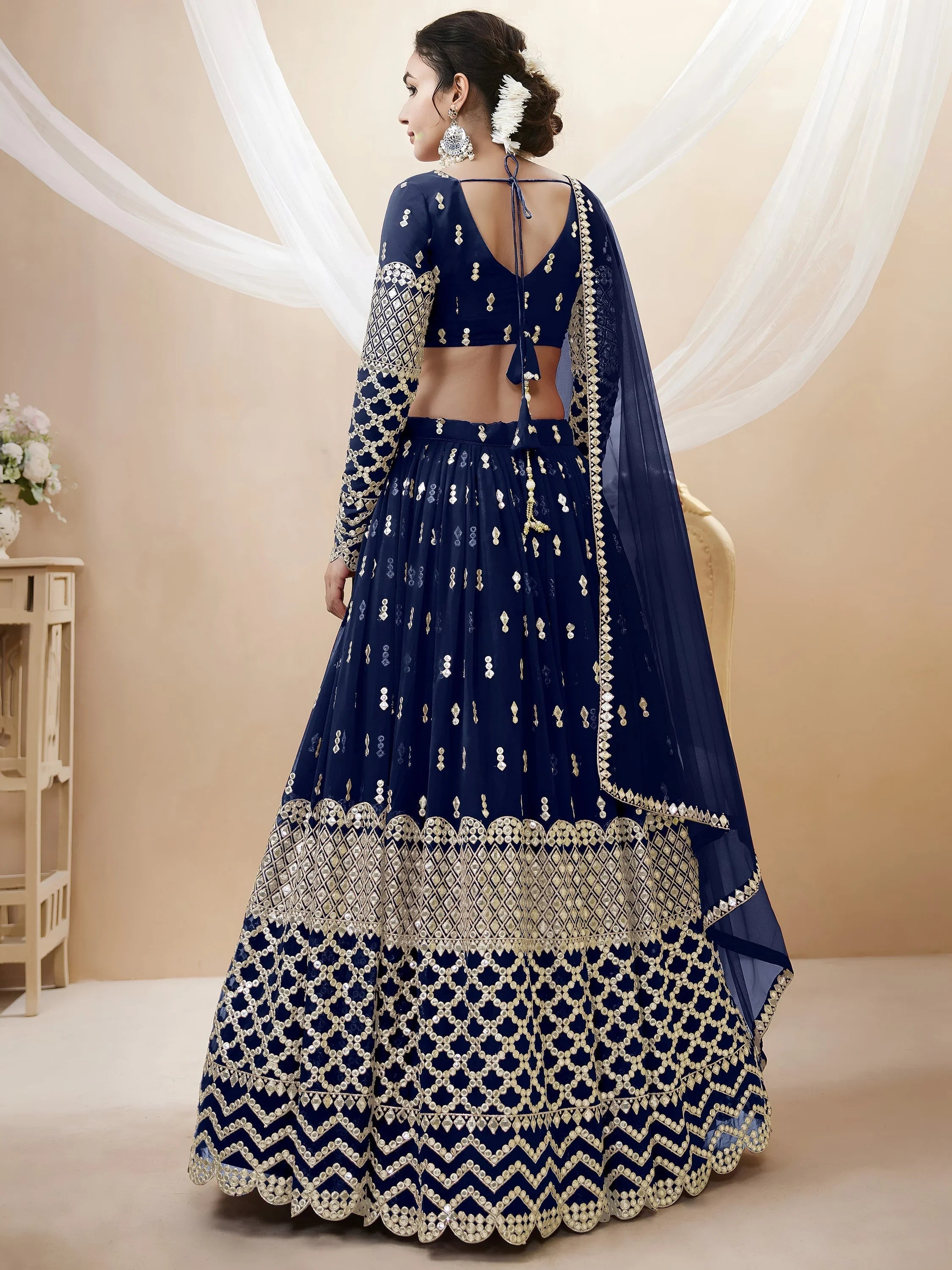 Appealing Navy Blue Sequis Georgette Reception Lehenga Choli for Women