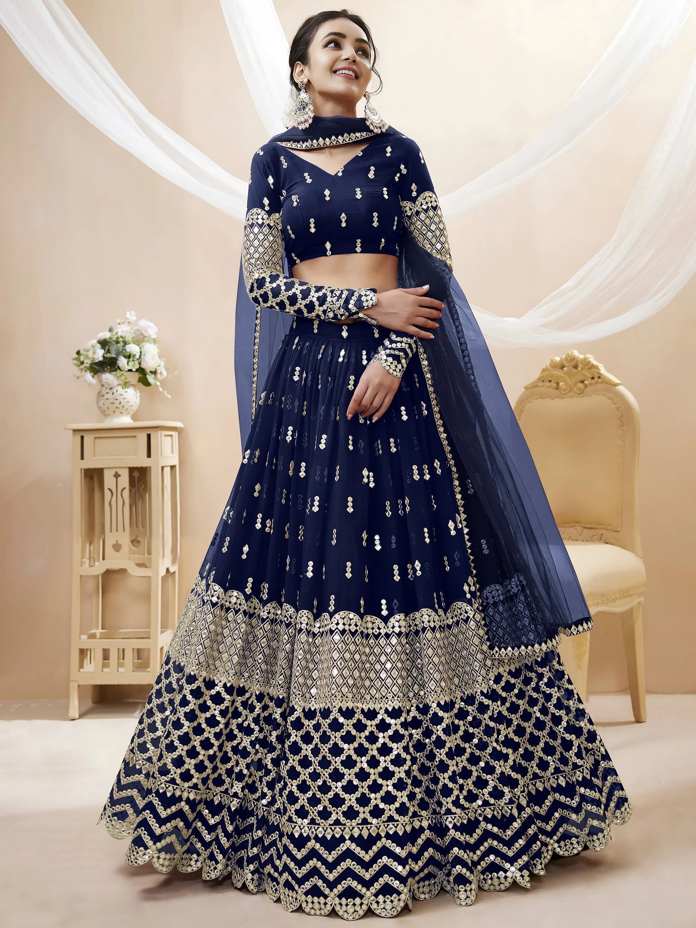 Appealing Navy Blue Sequis Georgette Reception Lehenga Choli for Women