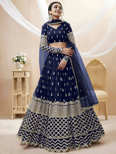 Appealing Navy Blue Sequis Georgette Reception Lehenga Choli for Women