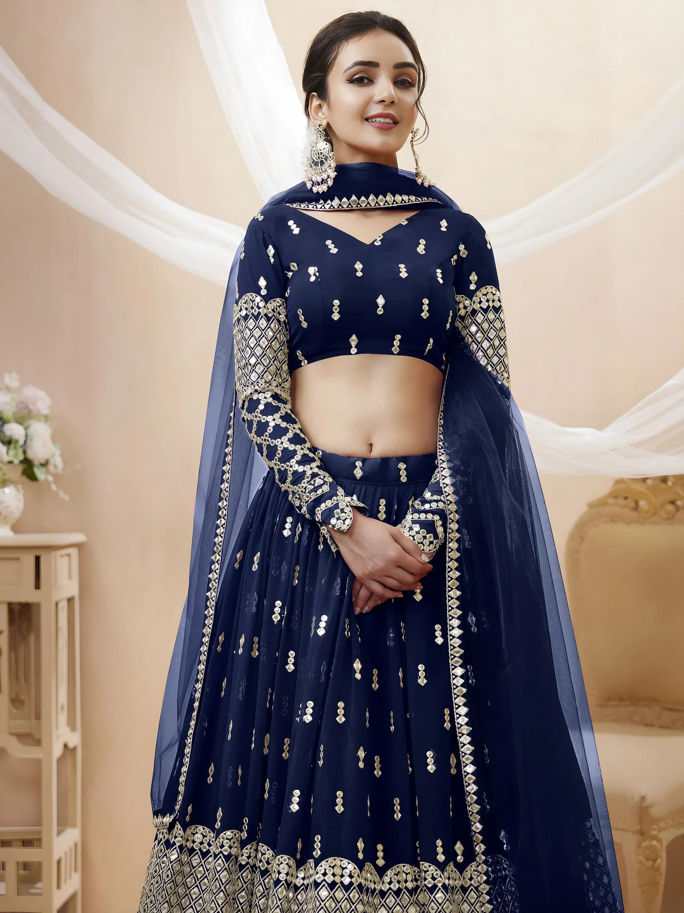 Appealing Navy Blue Sequis Georgette Reception Lehenga Choli for Women