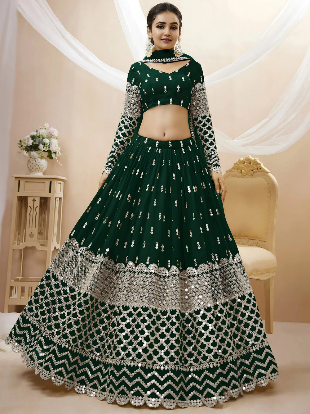 Capricious Dark Green Sequins Work Georgette Wedding Wear Lehenga Choli