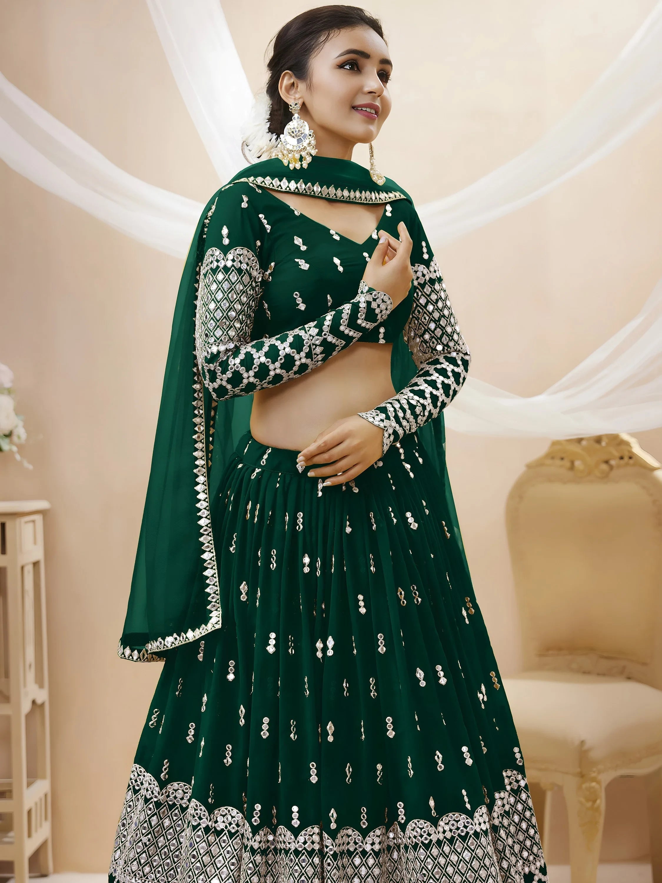 Capricious Dark Green Sequins Work Georgette Wedding Wear Lehenga Choli