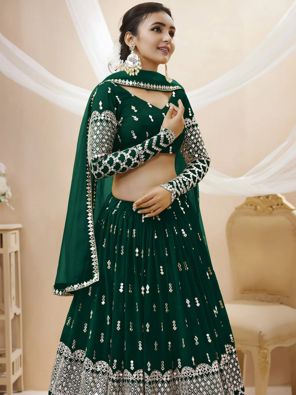 Capricious Dark Green Sequins Work Georgette Wedding Wear Lehenga Choli