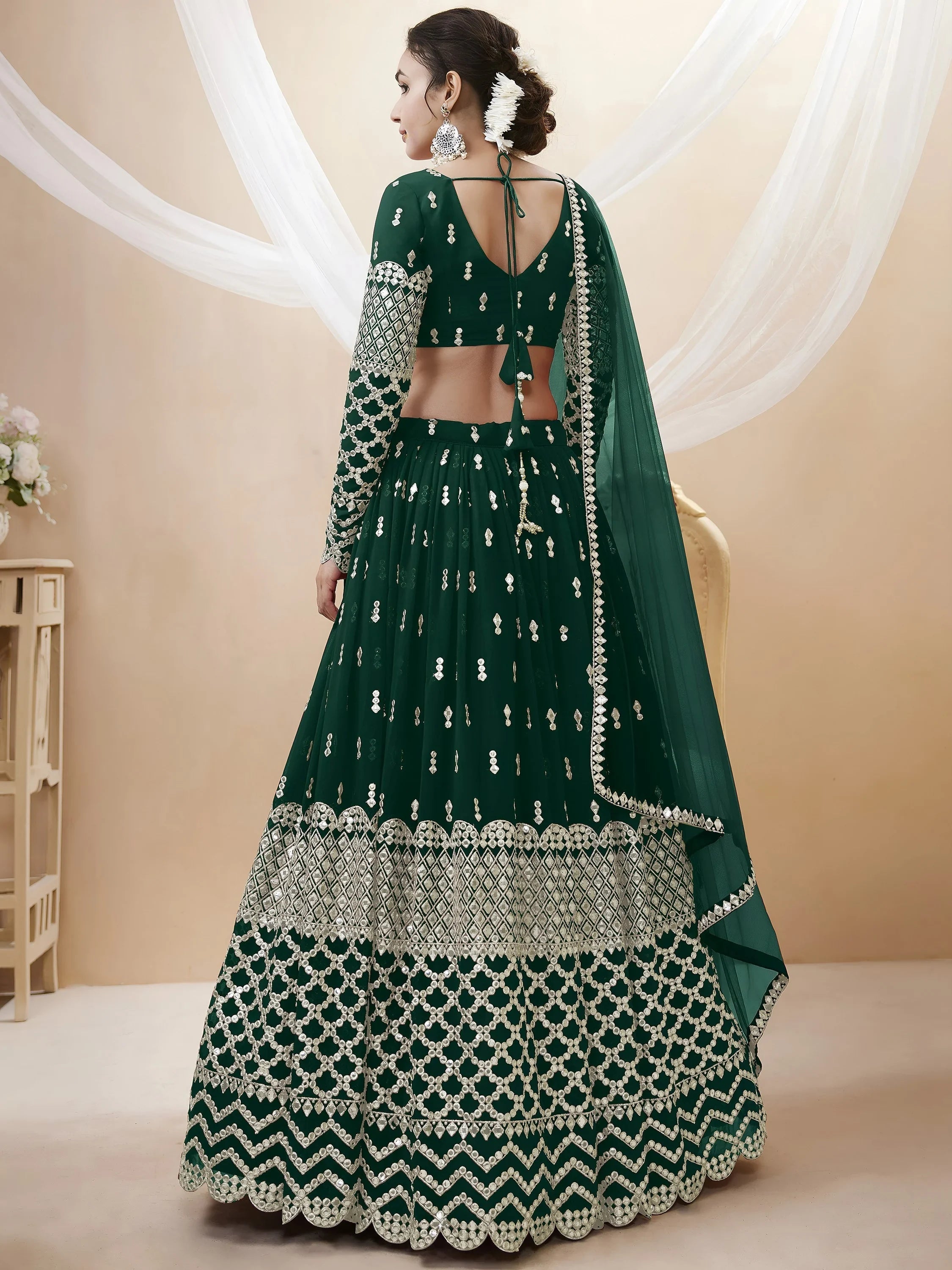 Capricious Dark Green Sequins Work Georgette Wedding Wear Lehenga Choli