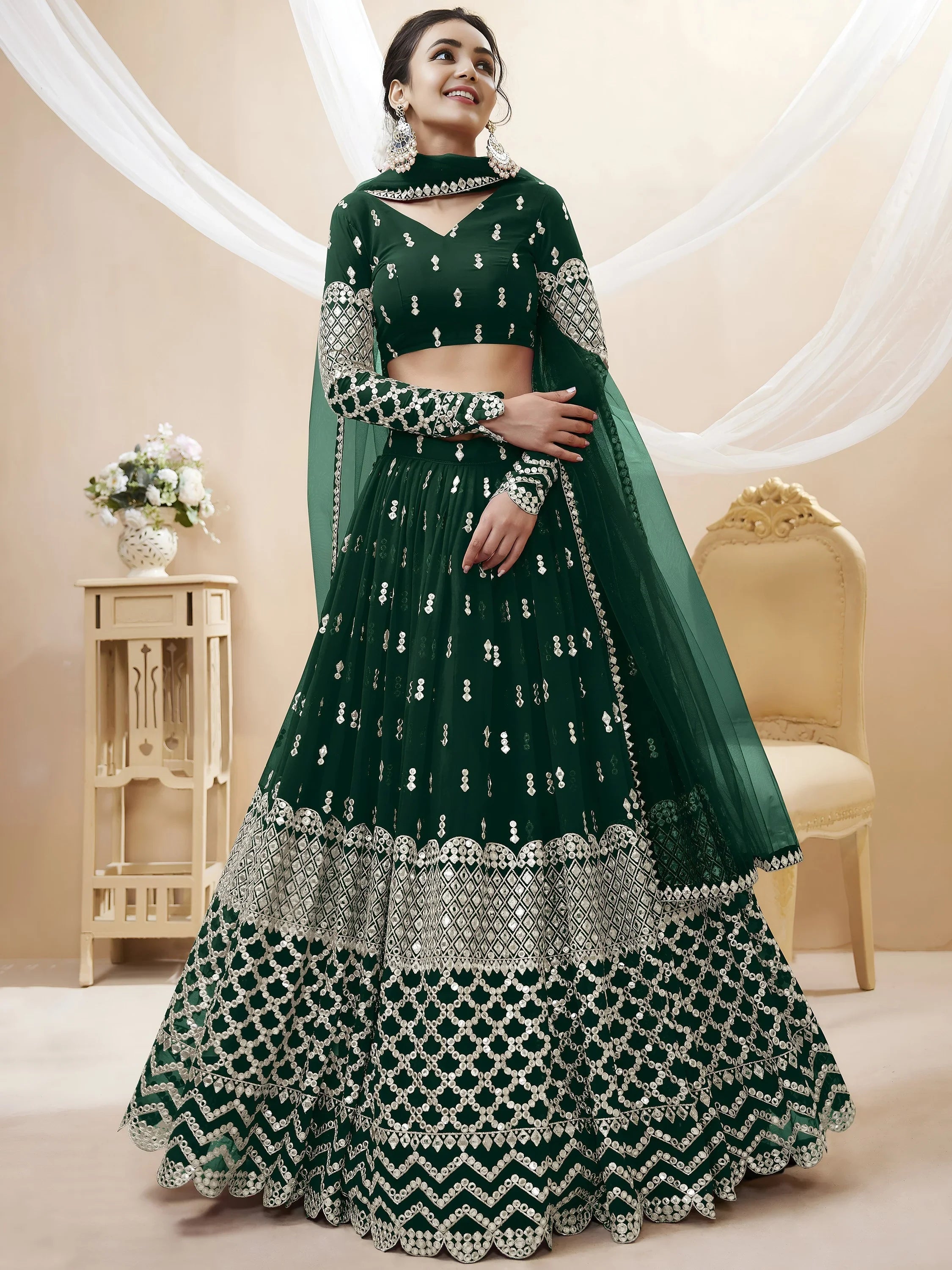 Capricious Dark Green Sequins Work Georgette Wedding Wear Lehenga Choli