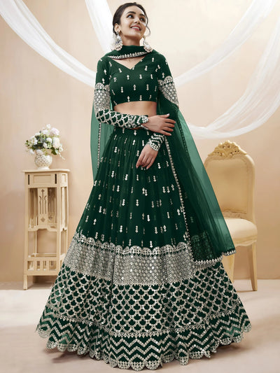 Capricious Dark Green Sequins Work Georgette Wedding Wear Lehenga Choli