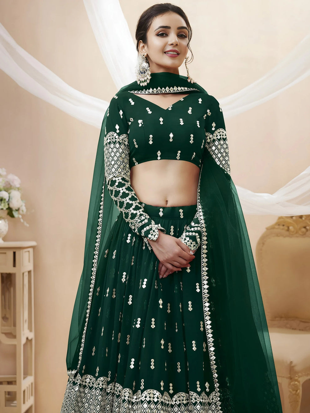 Capricious Dark Green Sequins Work Georgette Wedding Wear Lehenga Choli