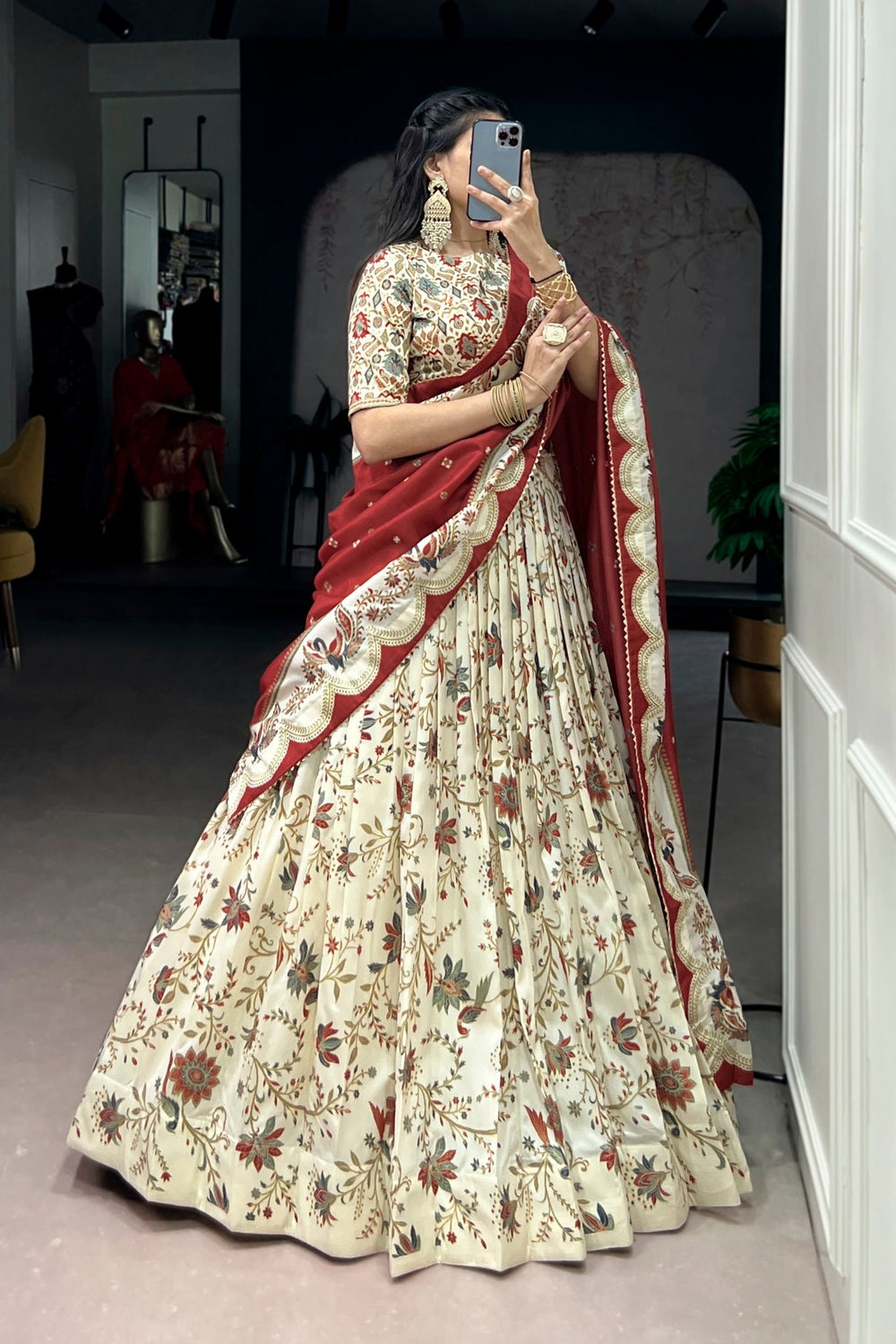 Attractive Tassar Silk Printed Lehenga Choli Set - Zimonza