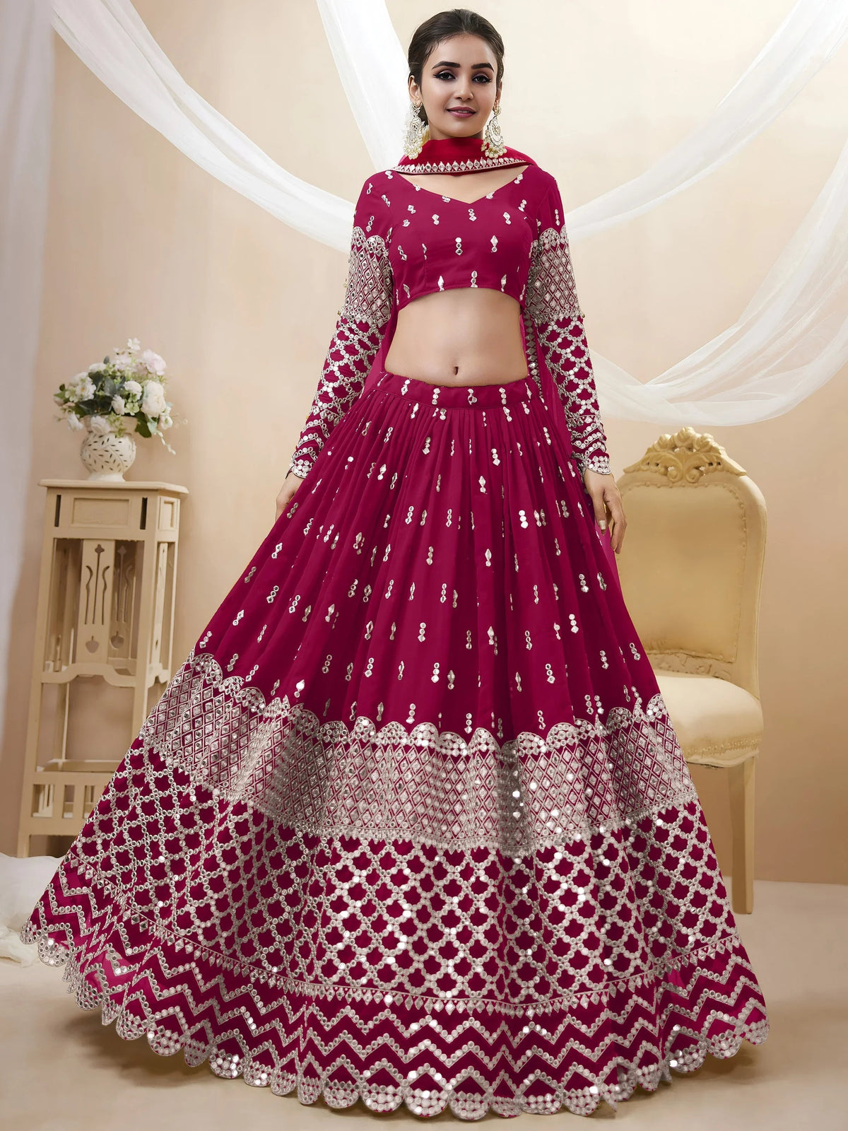 Dark Pink Sequins Work Georgette Bridesmaid Lehenga Choli for Women