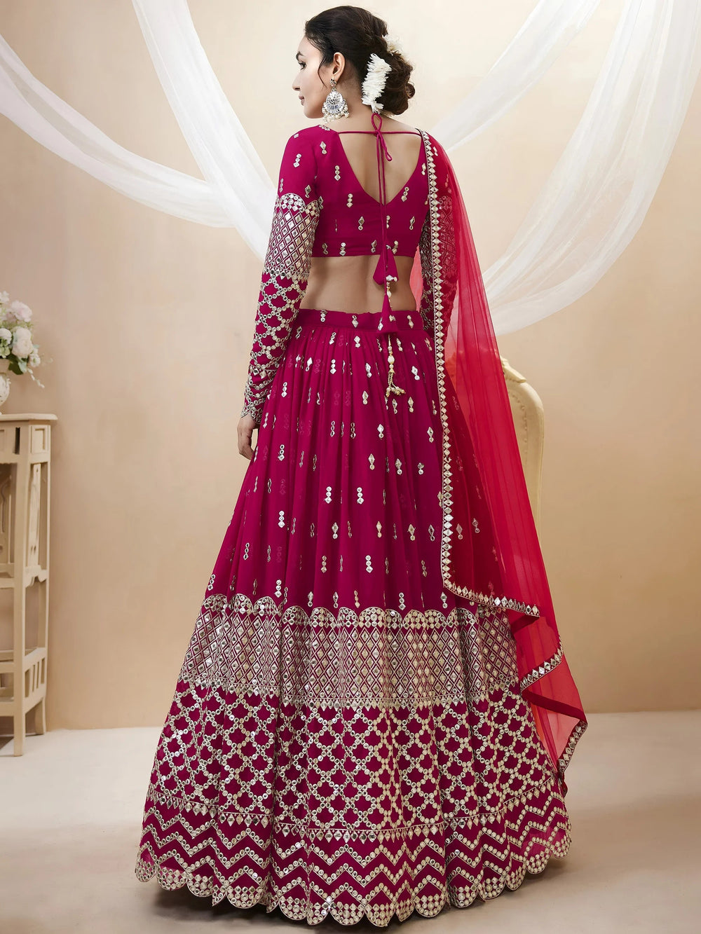 Dark Pink Sequins Work Georgette Bridesmaid Lehenga Choli for Women