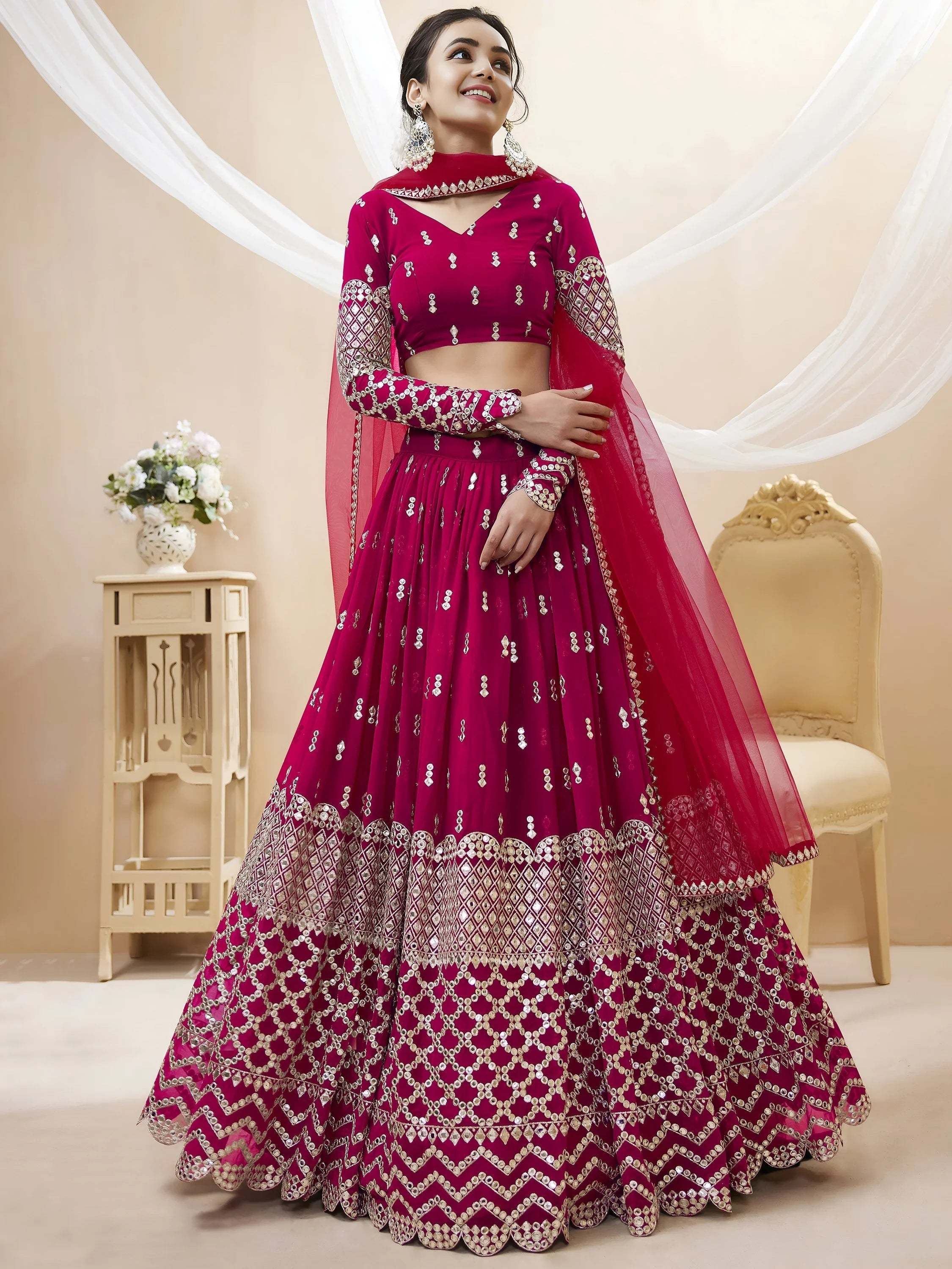 Dark Pink Sequins Work Georgette Bridesmaid Lehenga Choli for Women