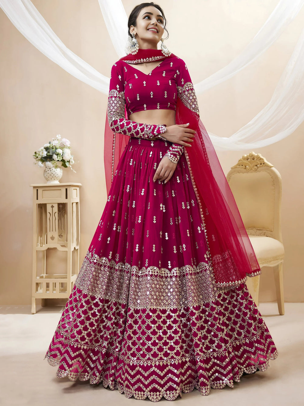 Dark Pink Sequins Work Georgette Bridesmaid Lehenga Choli for Women