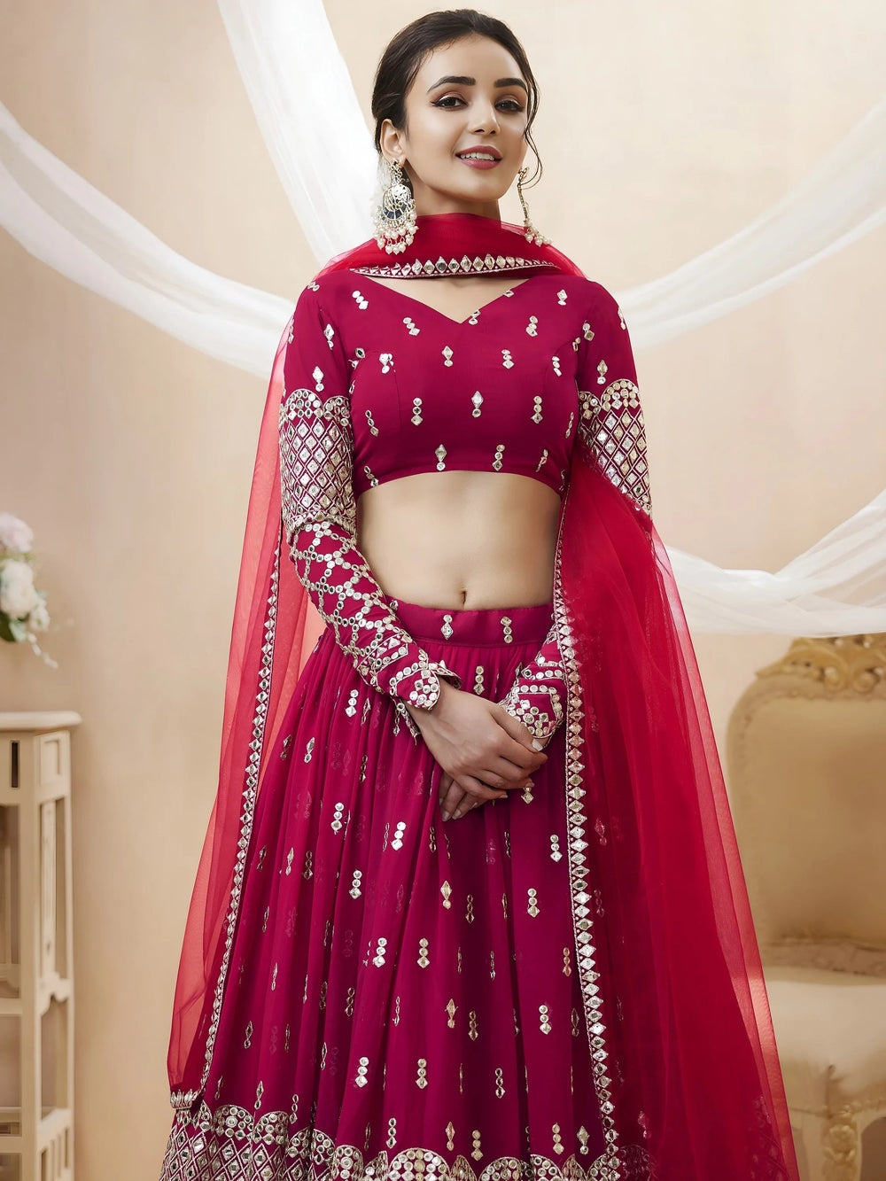 Dark Pink Sequins Work Georgette Bridesmaid Lehenga Choli for Women