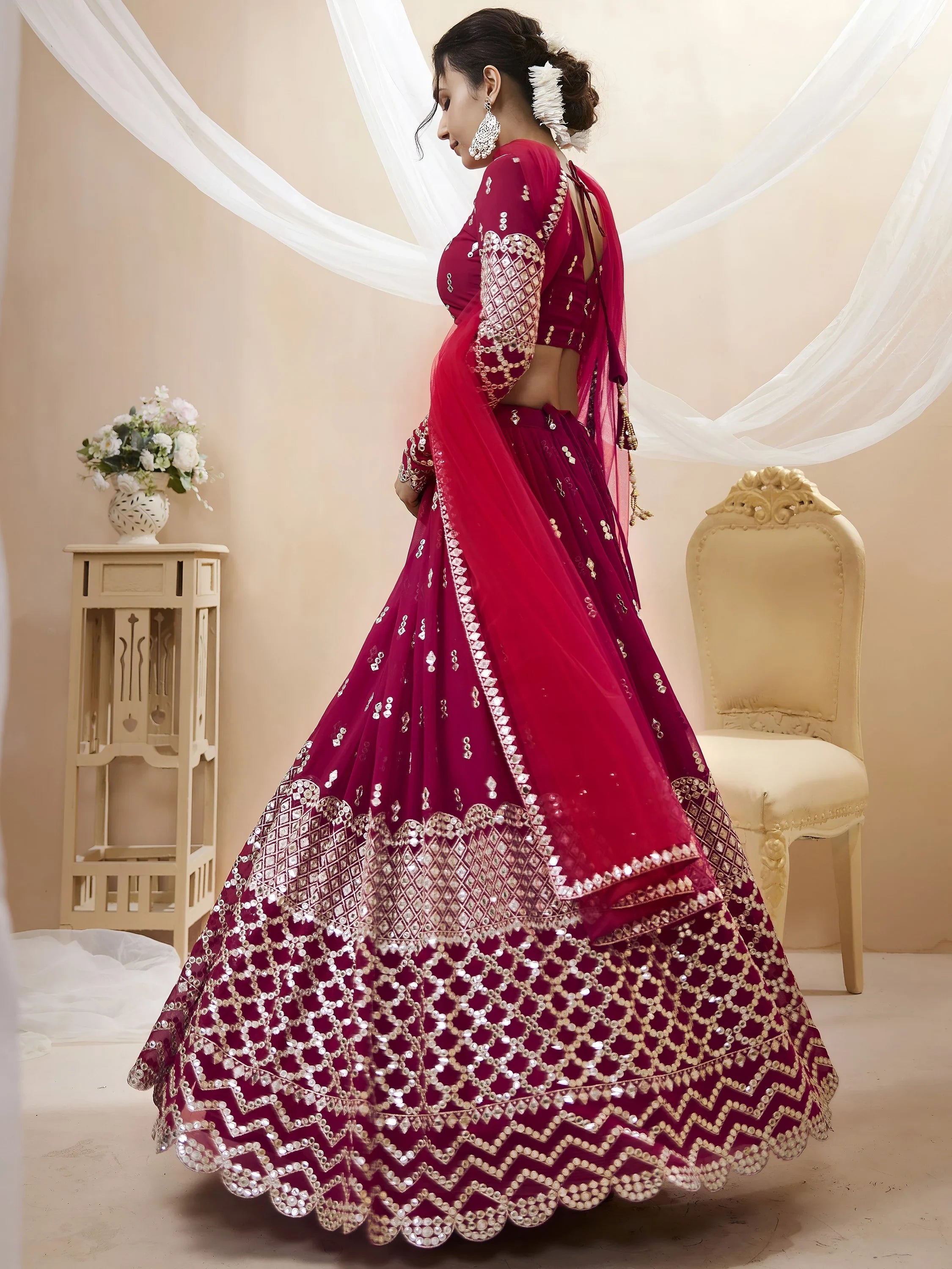 Dark Pink Sequins Work Georgette Bridesmaid Lehenga Choli for Women