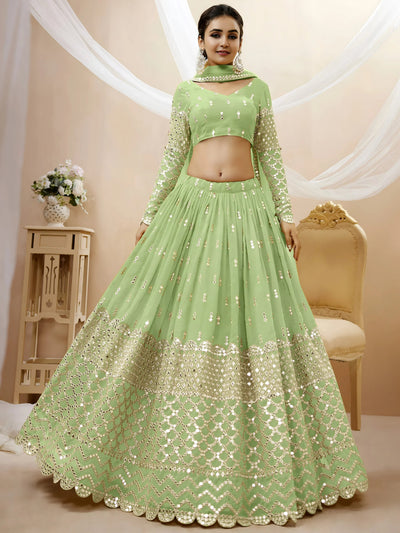 Pastel Green Sequins Work Georgette Wedding Wear Lehenga Choli
