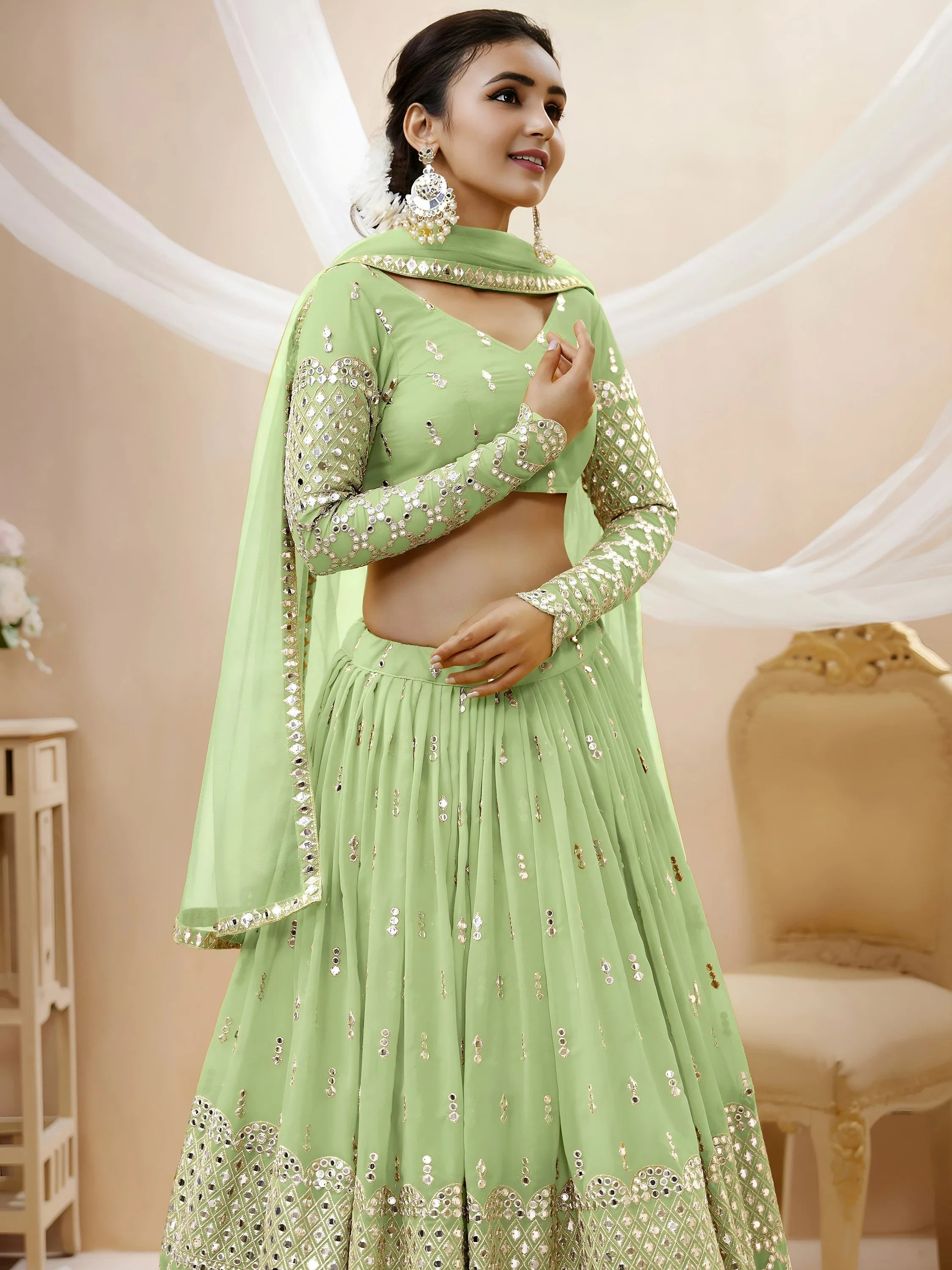 Pastel Green Sequins Work Georgette Wedding Wear Lehenga Choli