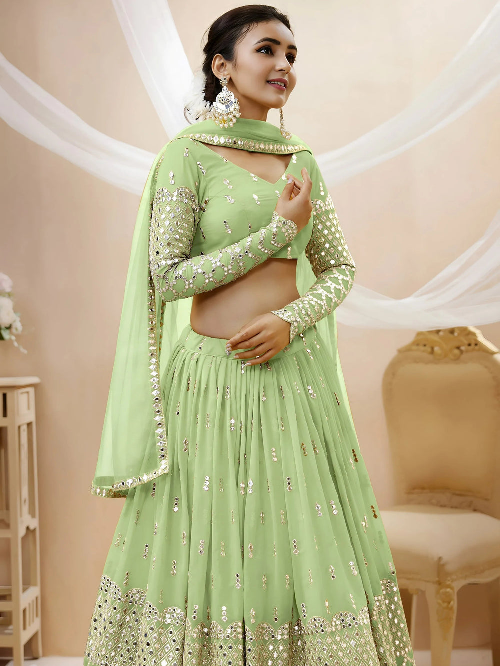 Pastel Green Sequins Work Georgette Wedding Wear Lehenga Choli
