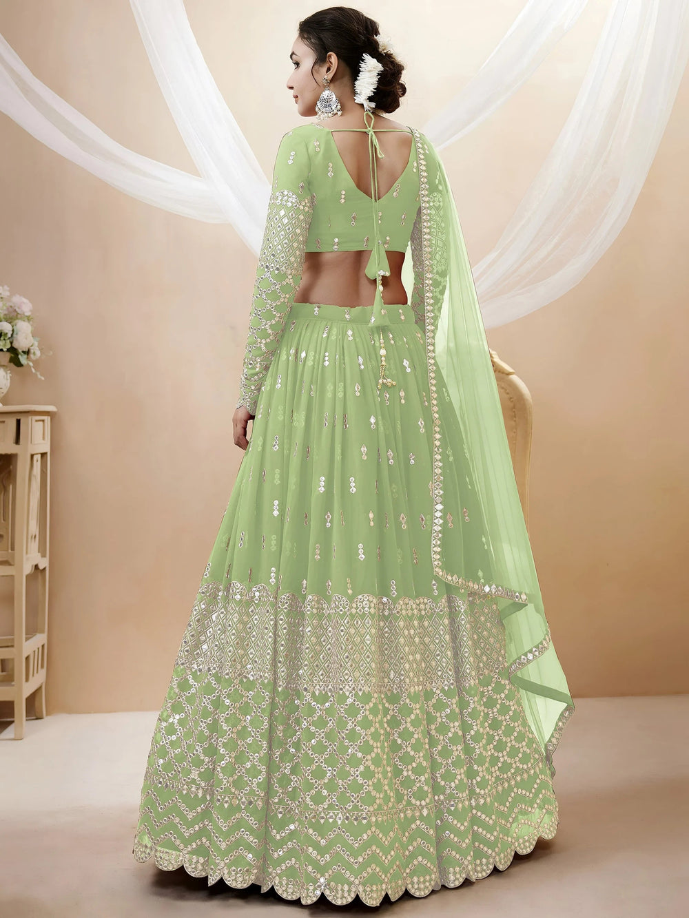 Pastel Green Sequins Work Georgette Wedding Wear Lehenga Choli