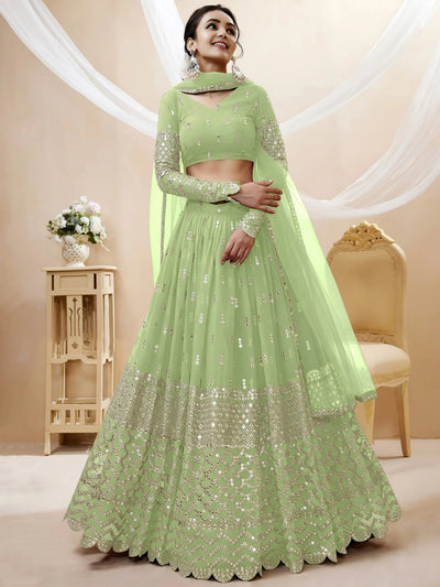 Pastel Green Sequins Work Georgette Wedding Wear Lehenga Choli