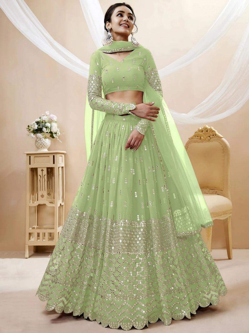 Pastel Green Sequins Work Georgette Wedding Wear Lehenga Choli