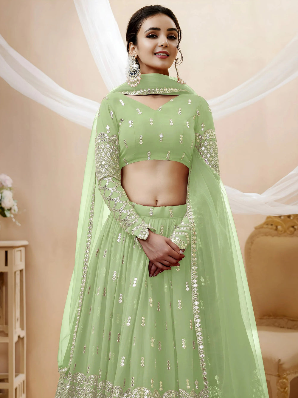 Pastel Green Sequins Work Georgette Wedding Wear Lehenga Choli