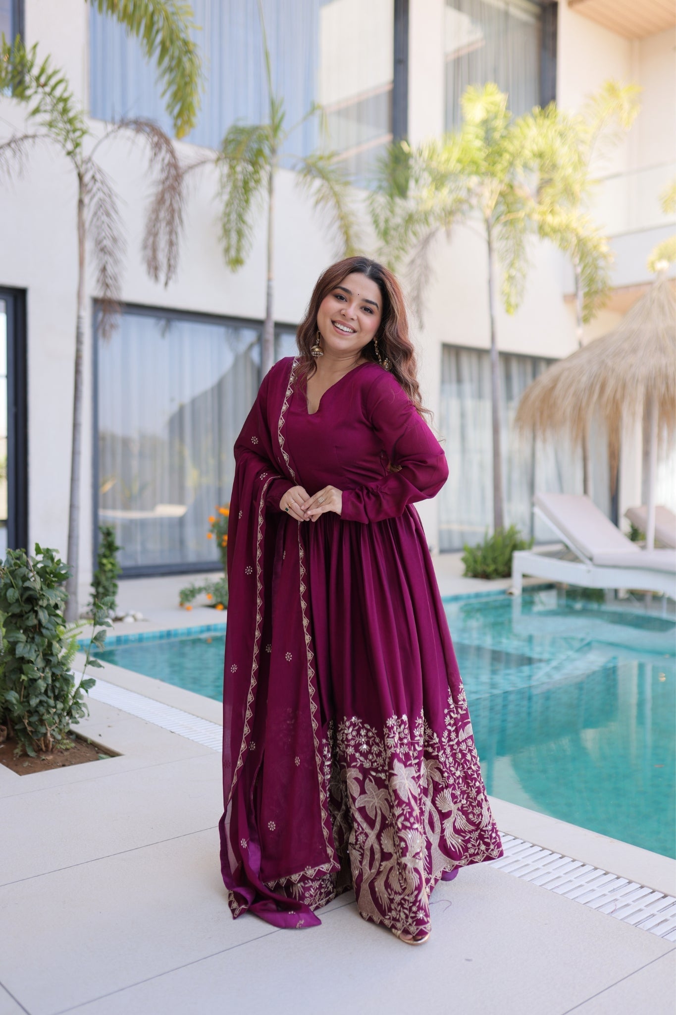 Wine Rangoli Crush Sequins Multi Embroidery Anarkali Suit for Women