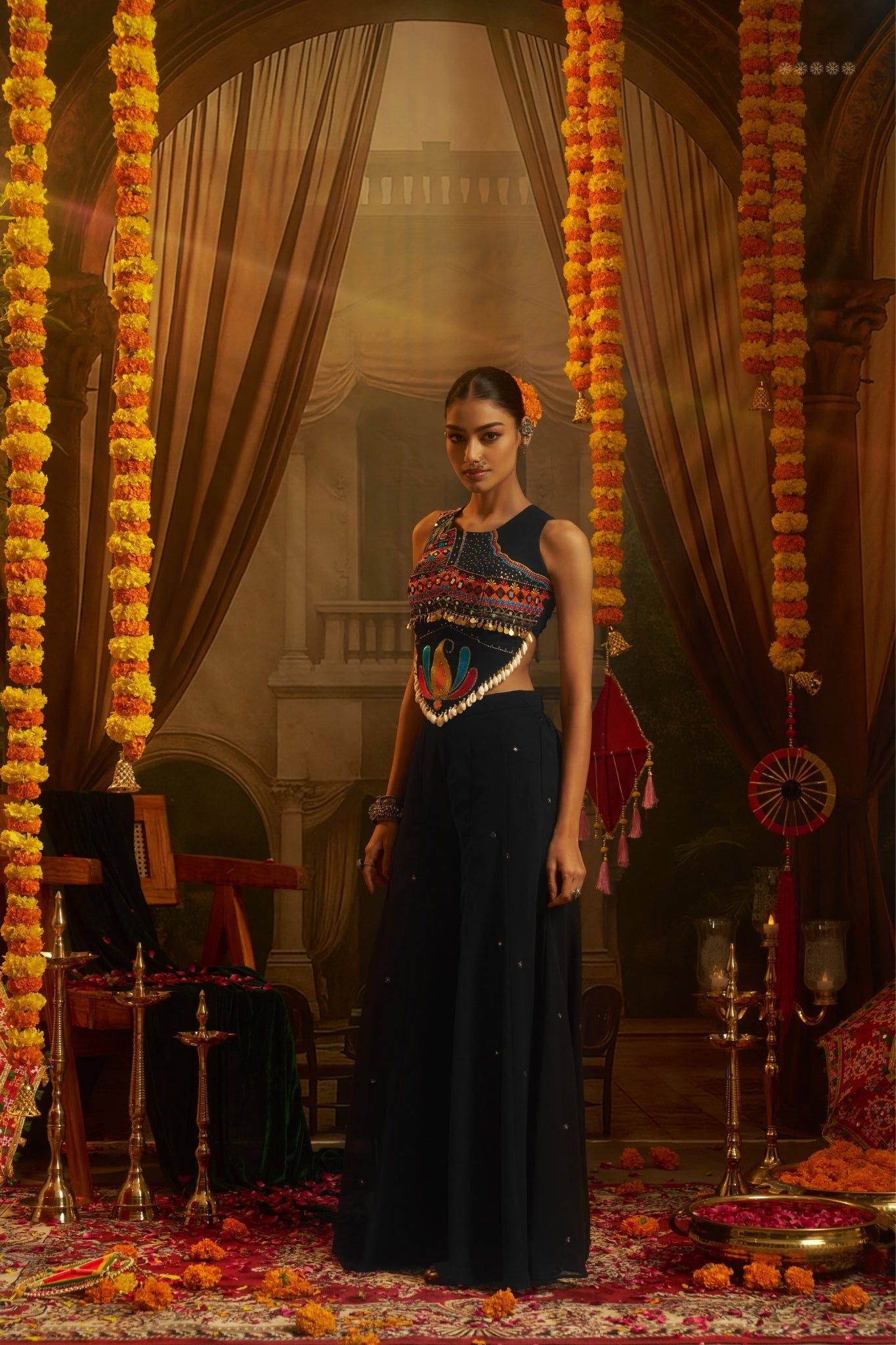 Black Georgette Thread Mirror Shell Handwork Festive Co-ord Set for Women