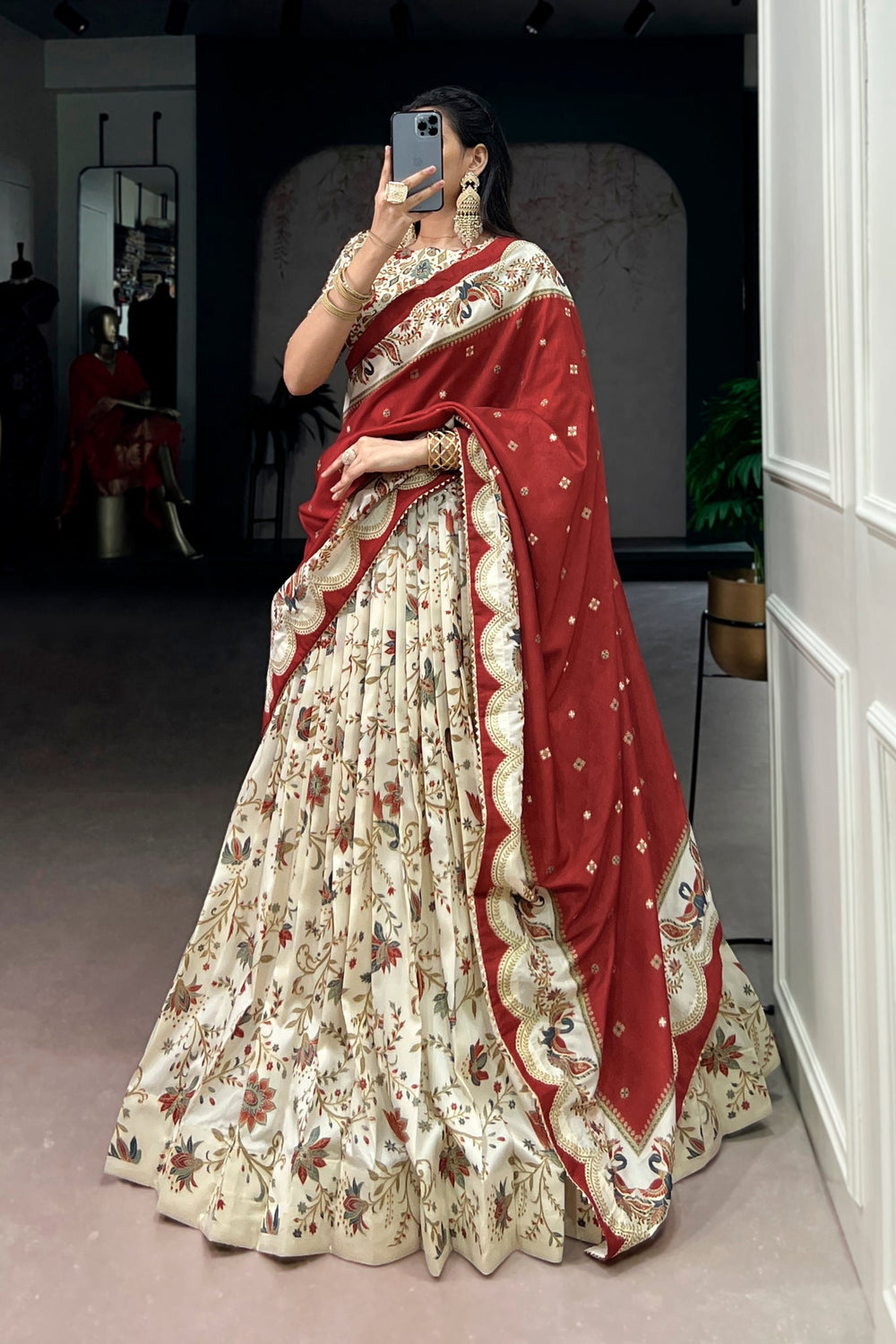 Attractive Tassar Silk Printed Lehenga Choli Set - Zimonza