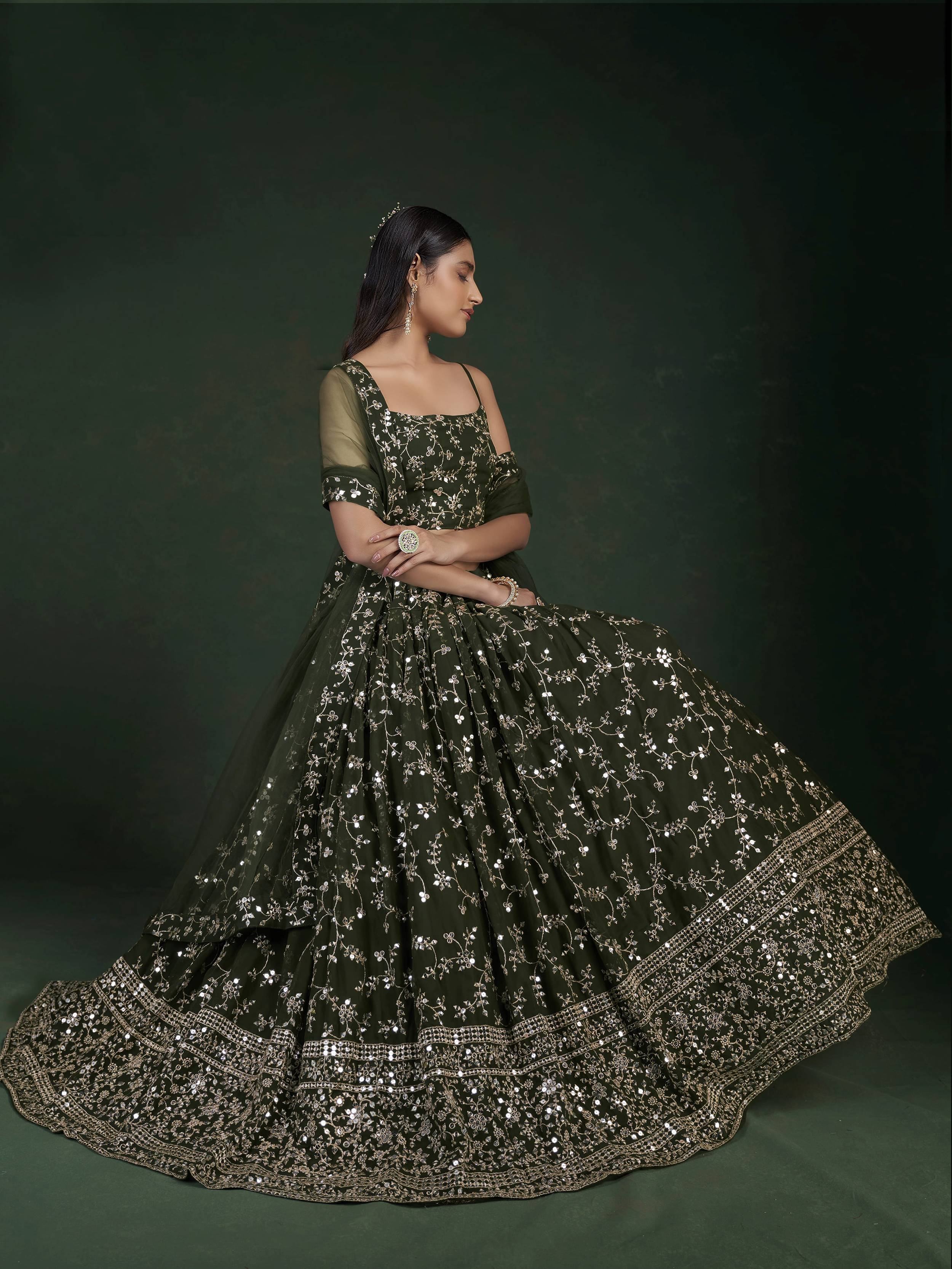 Desirable Olive Green Sequins Embroidered Georgette Event Wear Lehenga Choli