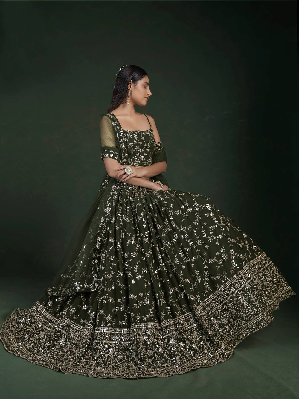 Desirable Olive Green Sequins Embroidered Georgette Event Wear Lehenga Choli
