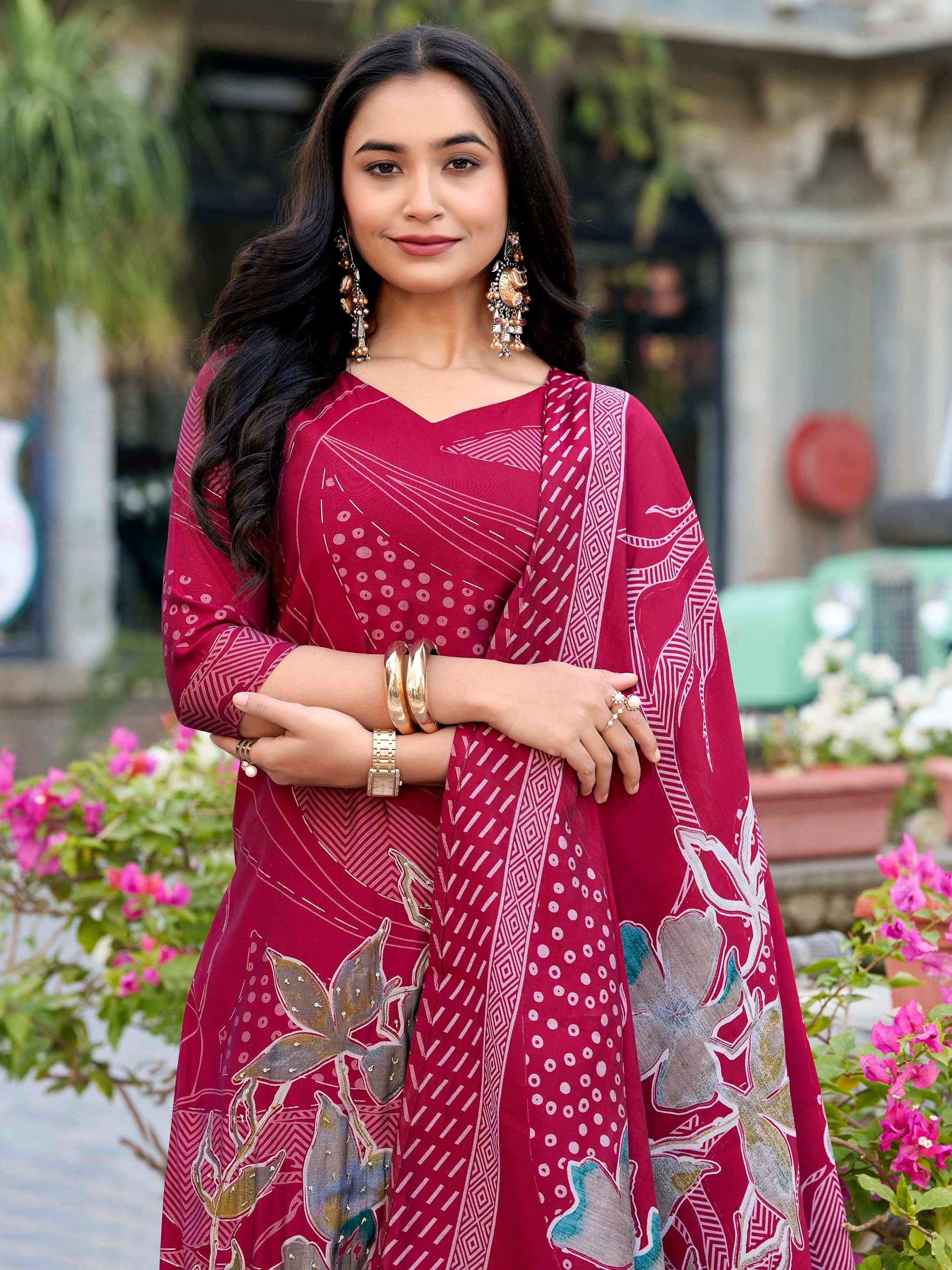 Maroon Silk Floral Printed Casual Palazzo Suit for Women