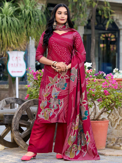 Maroon Silk Floral Printed Casual Palazzo Suit for Women